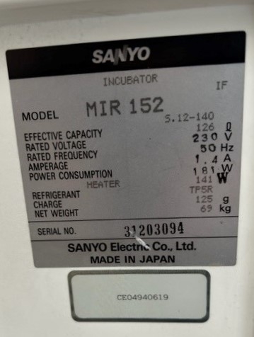 Sanyo MIR152 Incubator Temperature Range 10-50C Microprocessor Control