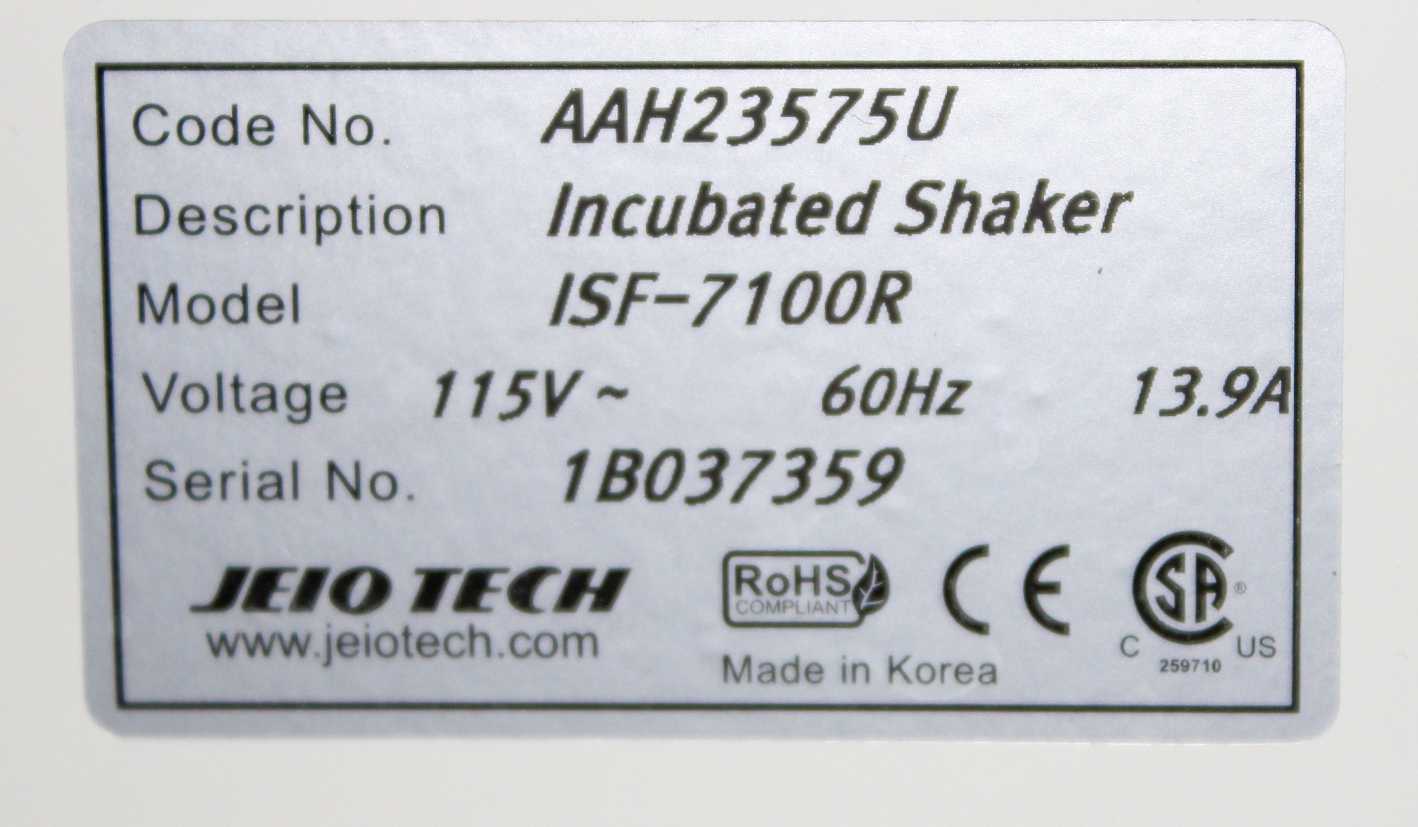 Jeio Tech ISF-7100R Incubated Shaker 500RPM Temp -20C to 80C 270L