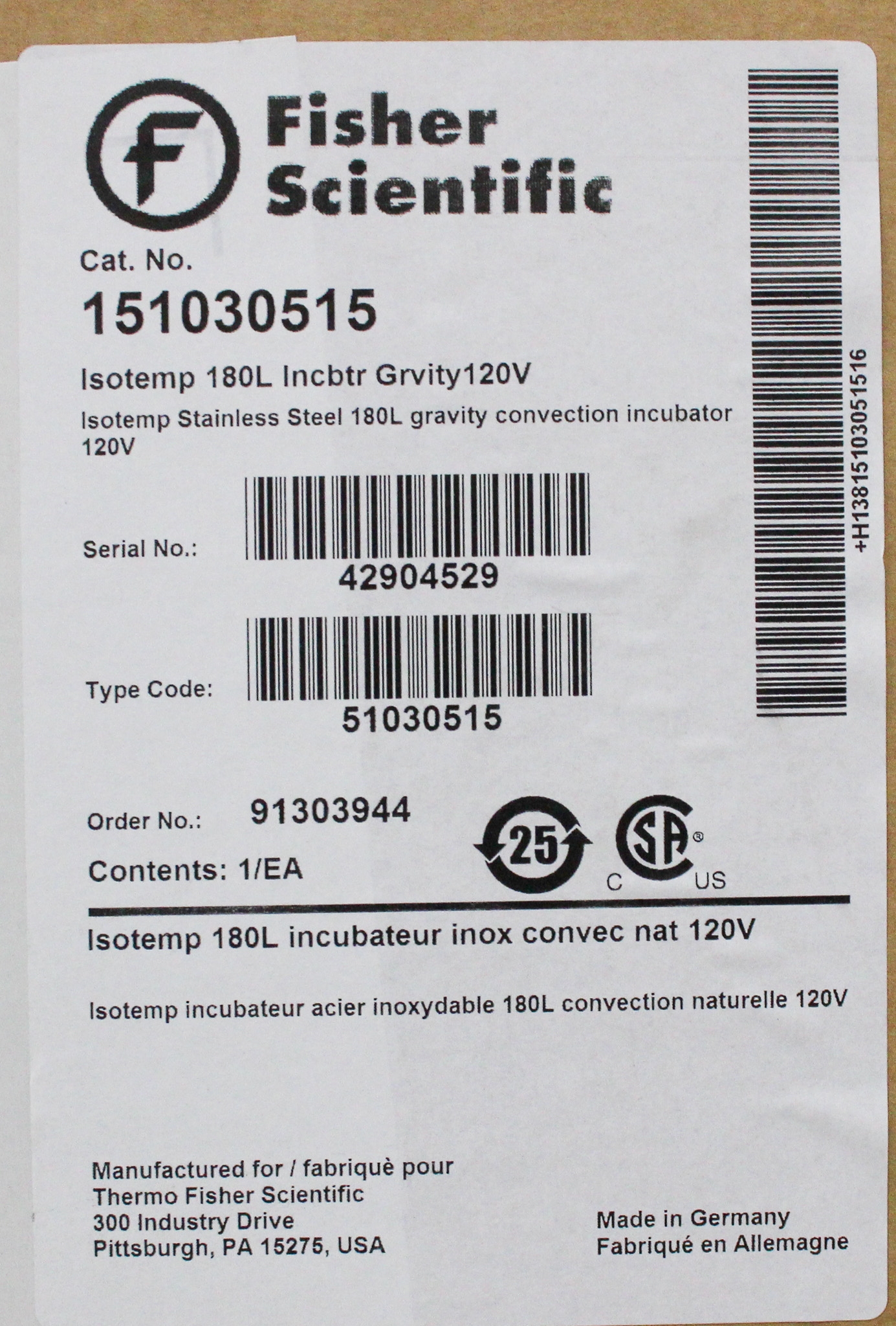 Fisherbrand Isotemp Microbiological Incubator 180L Stainless Steel 151030515