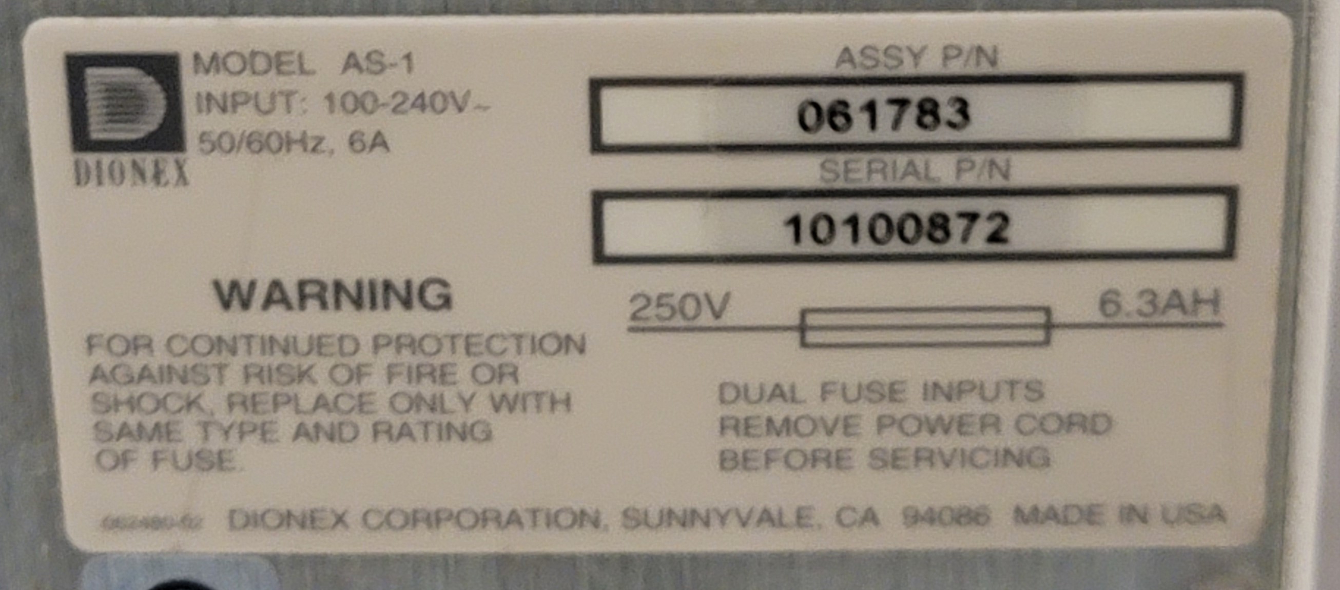 Dionex AS-1 061783 Autosampler HPLC Injects 1-8000 µL Precise Delivery