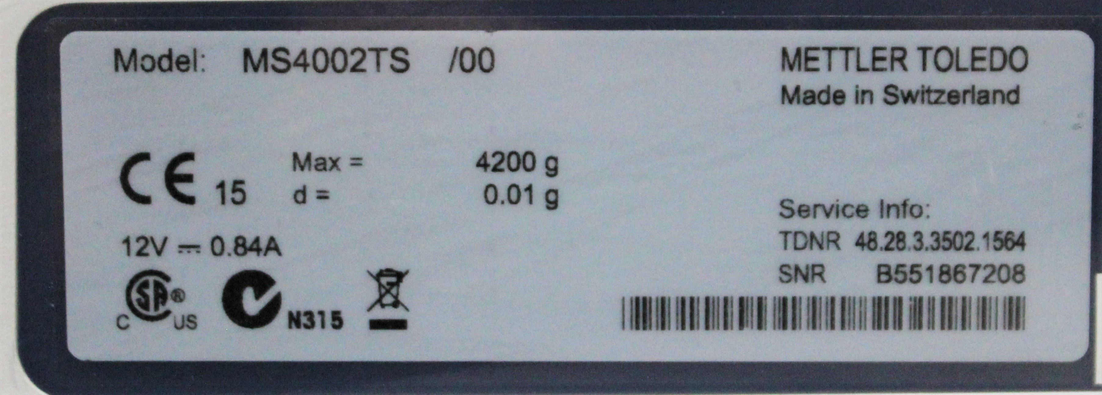 Mettler-Toledo MS4002TS Balance High-Capacity 4200g Touchscreen 0.01g Readability