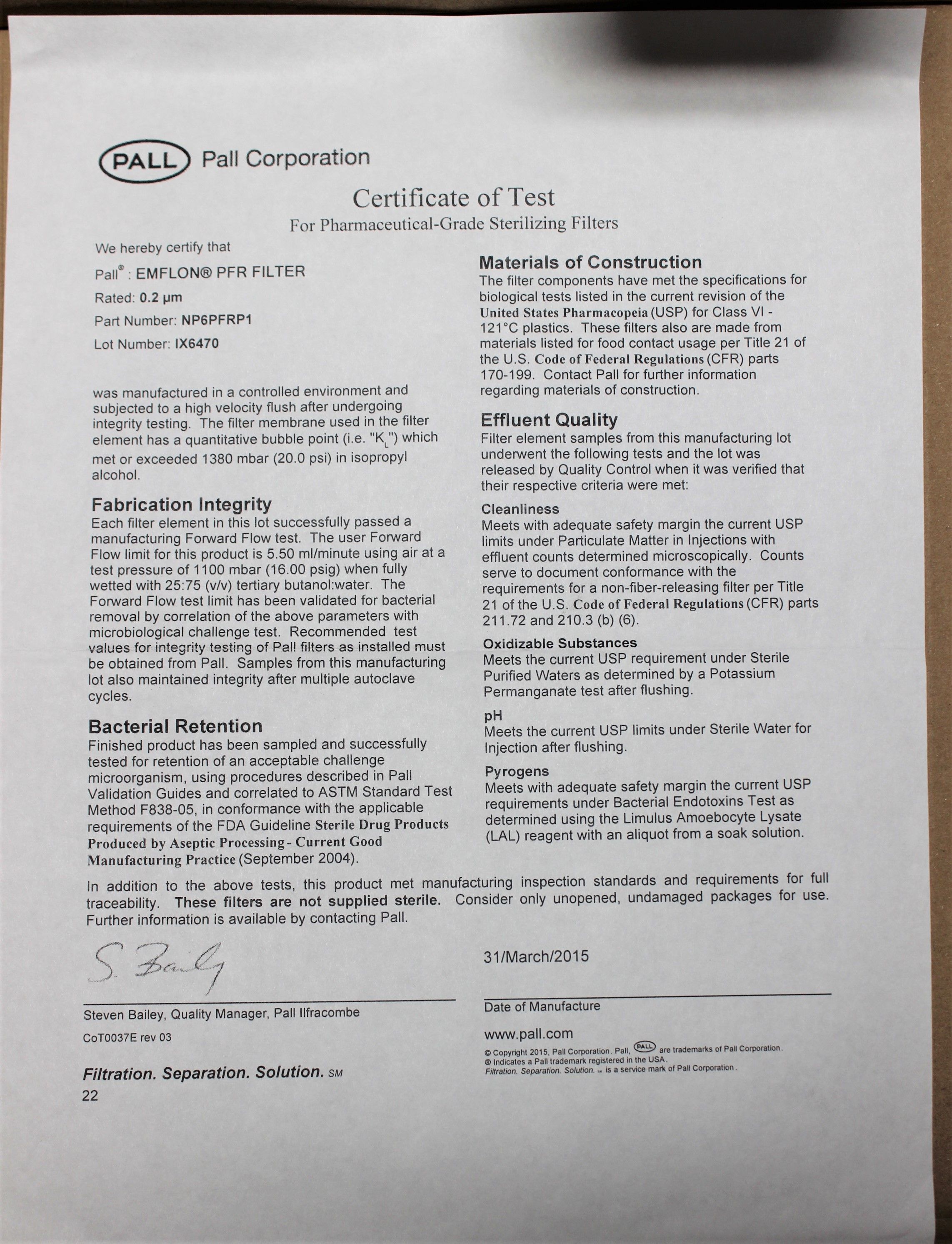 Pall Emflon Filter PFR 0.2m NP6PFRP1 Turnkey Gas Filtration System