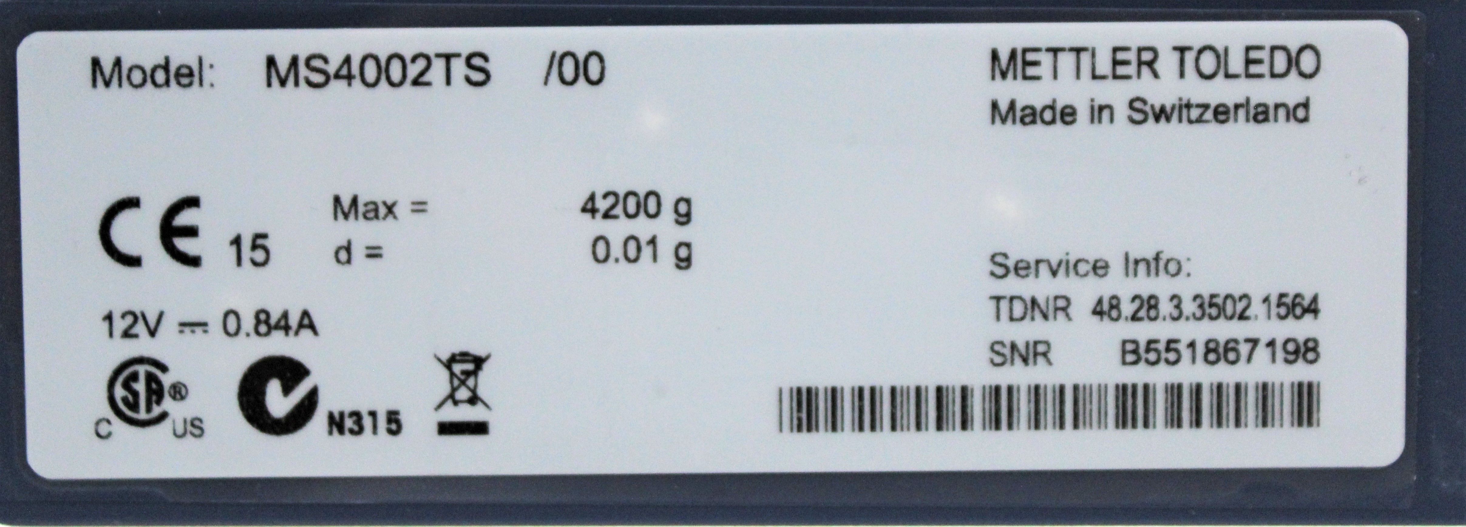 Mettler-Toledo MS4002TS/00 High Capacity Balance 4200g Precision Weighing