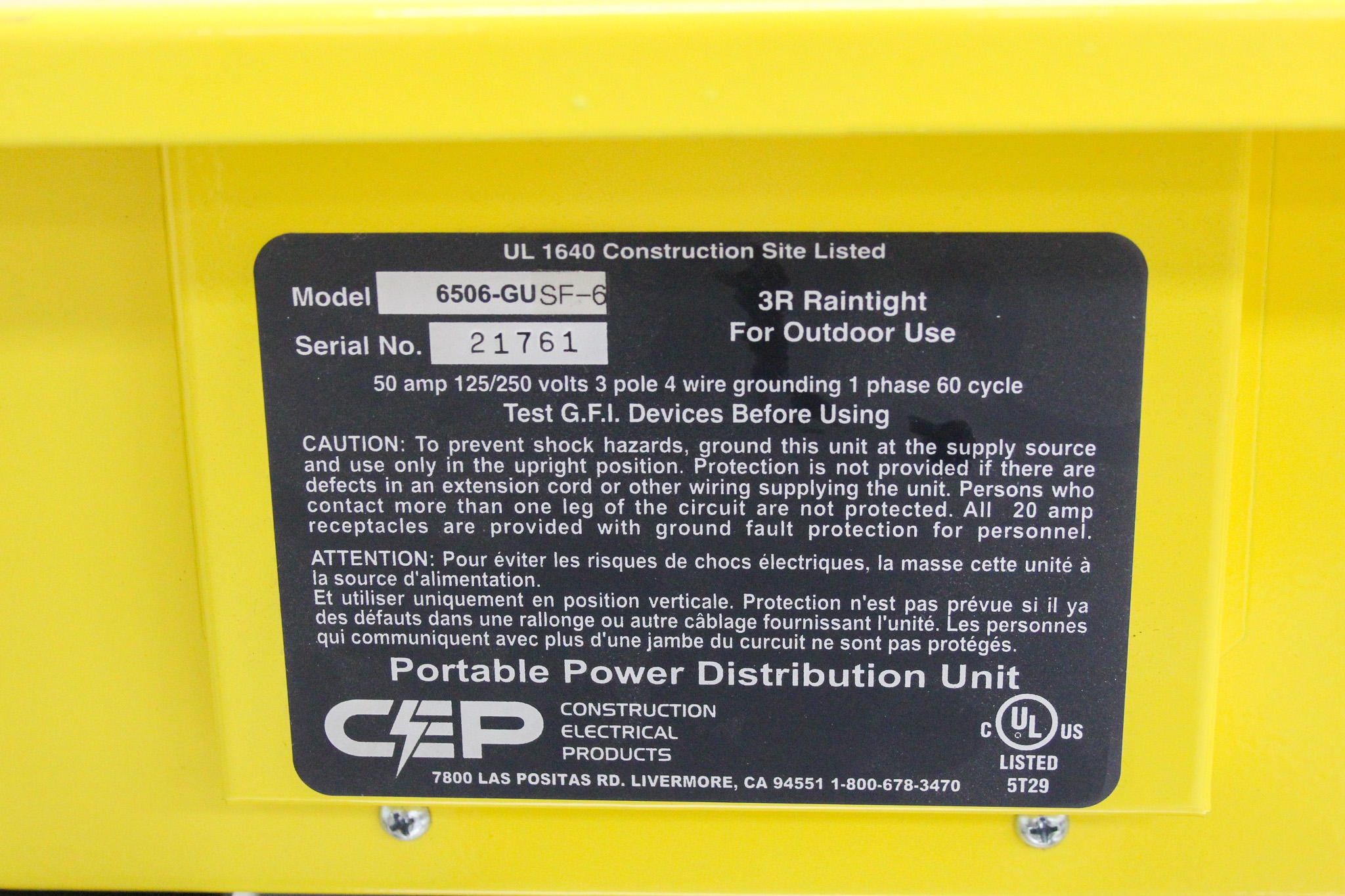 CEP 6506-GU SF-6 Power Distribution Unit Portable Temp Box GFCI 50 Amps
