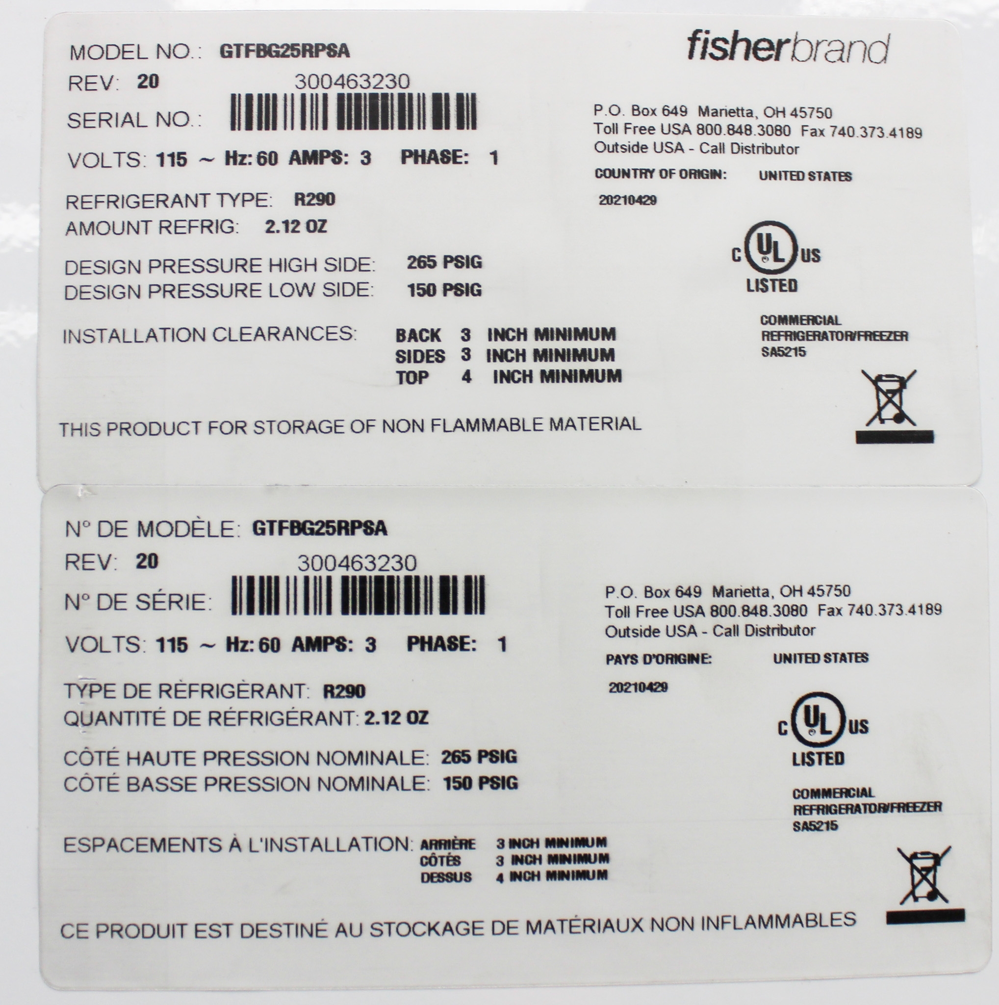 Fisherbrand GTFBG25RPSA Laboratory Refrigerator Stainless Steel Door 23 cu. ft.