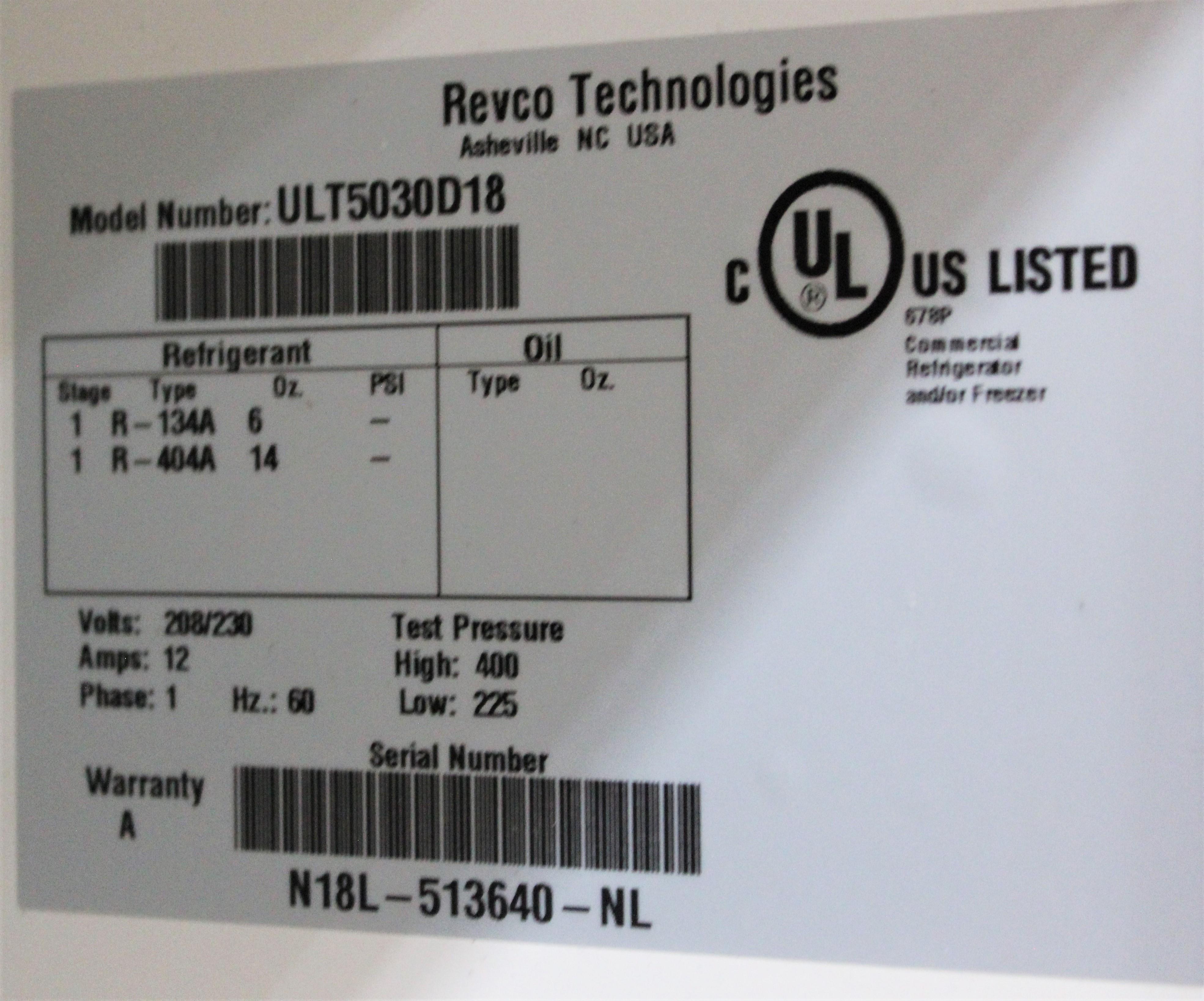 Revco ULT5030D18 Lab Freezer Ultra-Low, -30C, 51.1 CuFt, Used, AS-IS