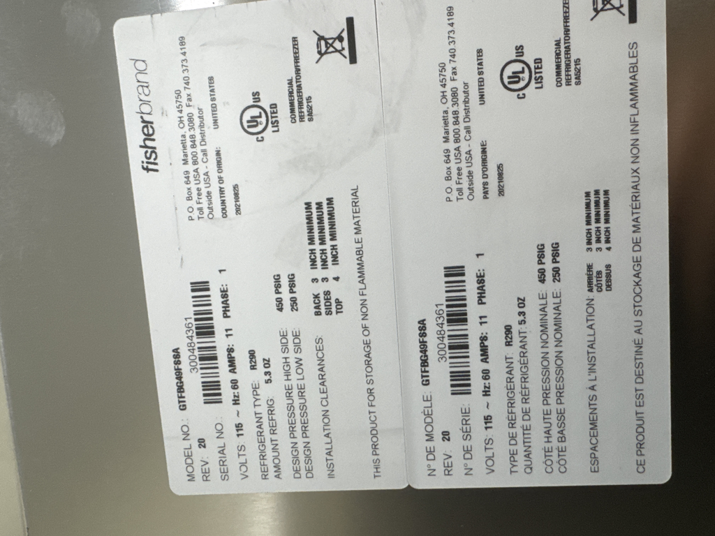 Fisher GTFBG49FSSA Double Door Freezer Cold Storage System Includes Computer