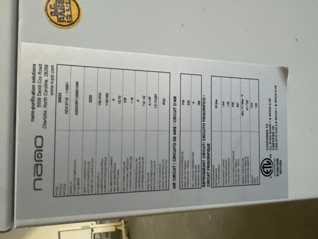Nano NDX 0110-115601 Air Dryer Refrigerated Lab Facility