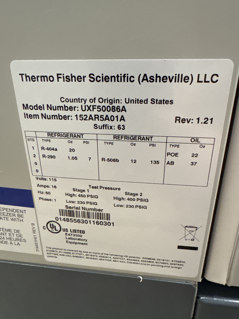 Thermo UXF50086A Ultra Low Freezer Cold Storage -86 Celsius, 30 Cu Ft