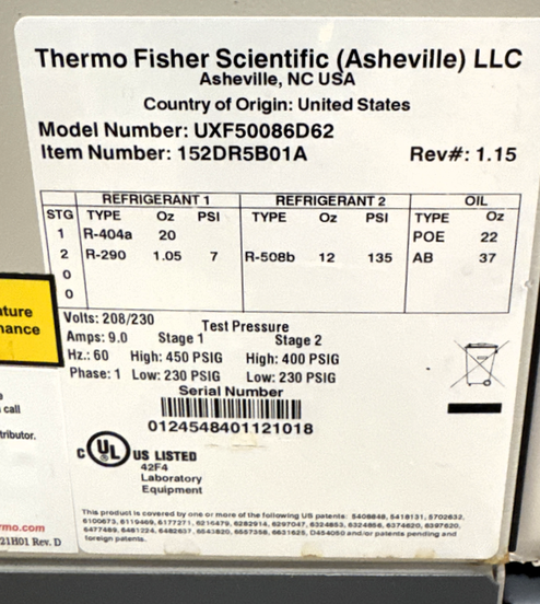 Thermo UXF50086D62 Lab Freezer High Capacity Cold Storage -80C 780 lb