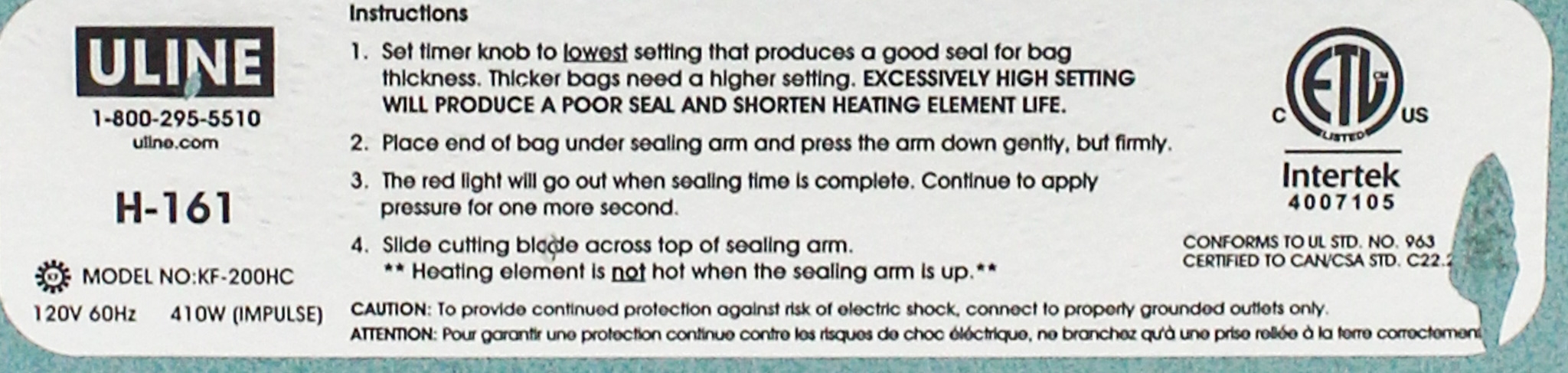 Uline KF-200HC Heat Sealer Packager Integrated Cutter Portable Device