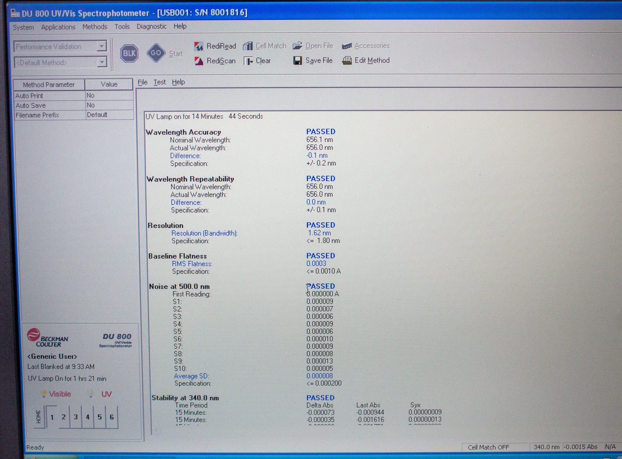 Beckman DU 800 UV-Vis Spectrophotometer PC-Controlled 6 Cell Holder 1.8nm