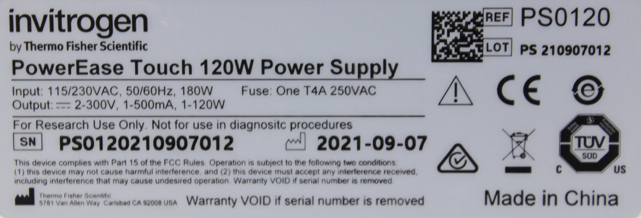 Invitrogen LOt: PS 210907012 Electrophoresis Power Supply 120W 300V