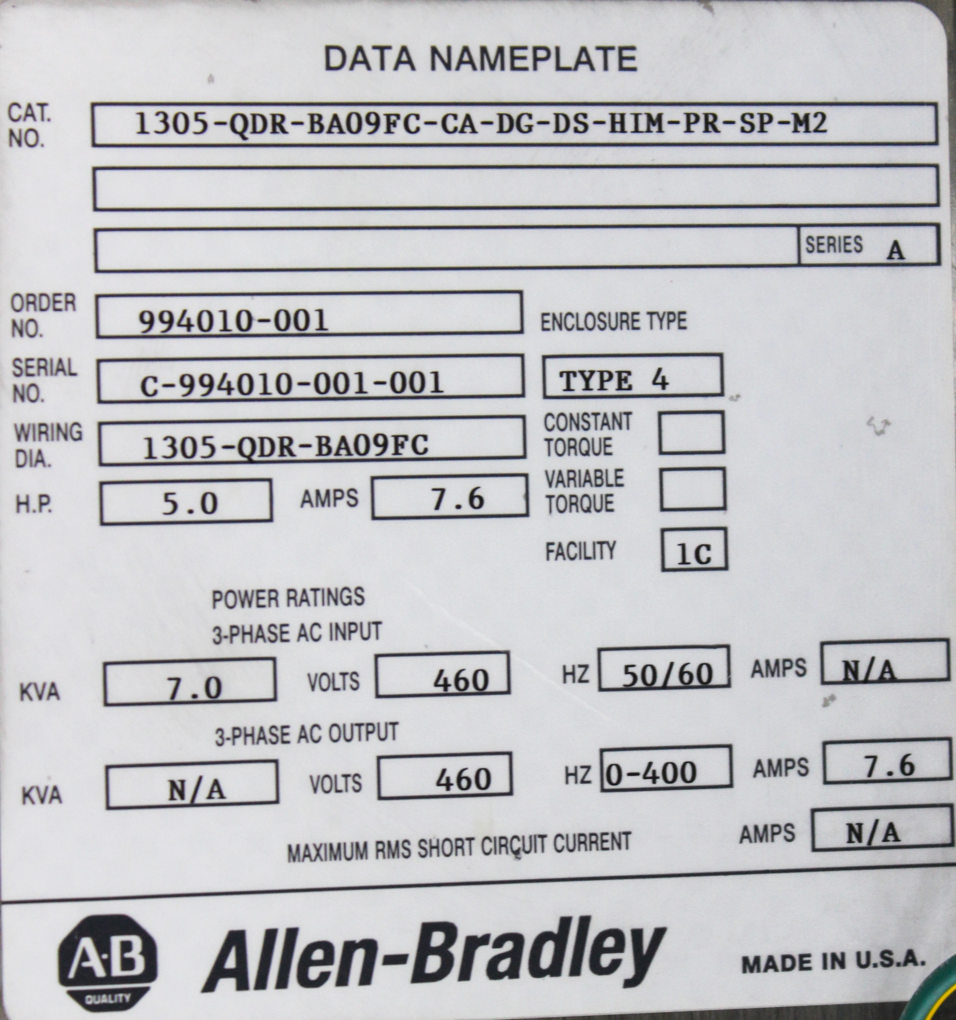 Allen Bradley 5412ESS Motor Control Center 4X-12 5HP 7.6A 460V Used