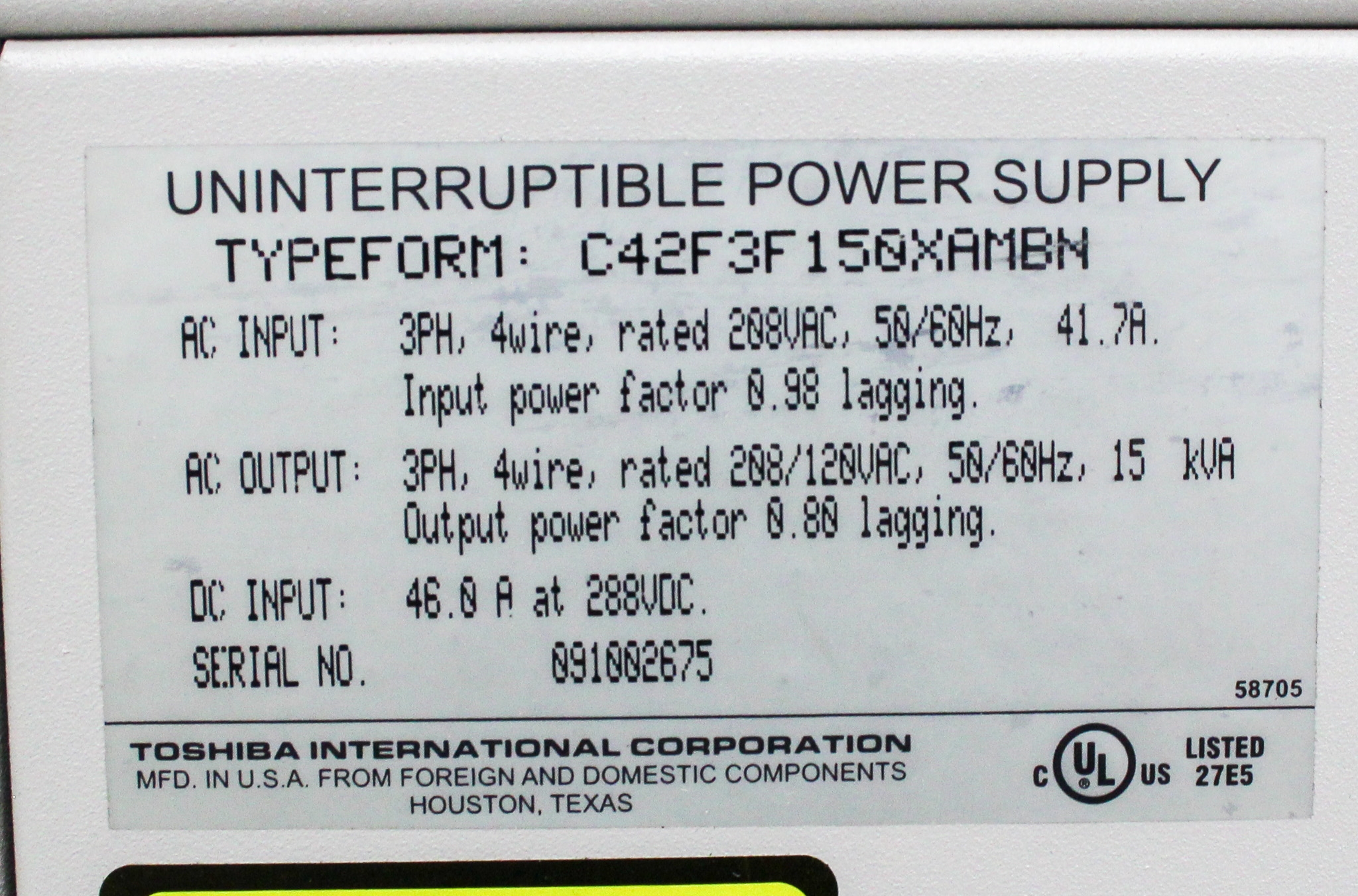 Toshiba 4200FA UPS C42F3F150XAMBN 15kVA Continuous Power Supply Unit