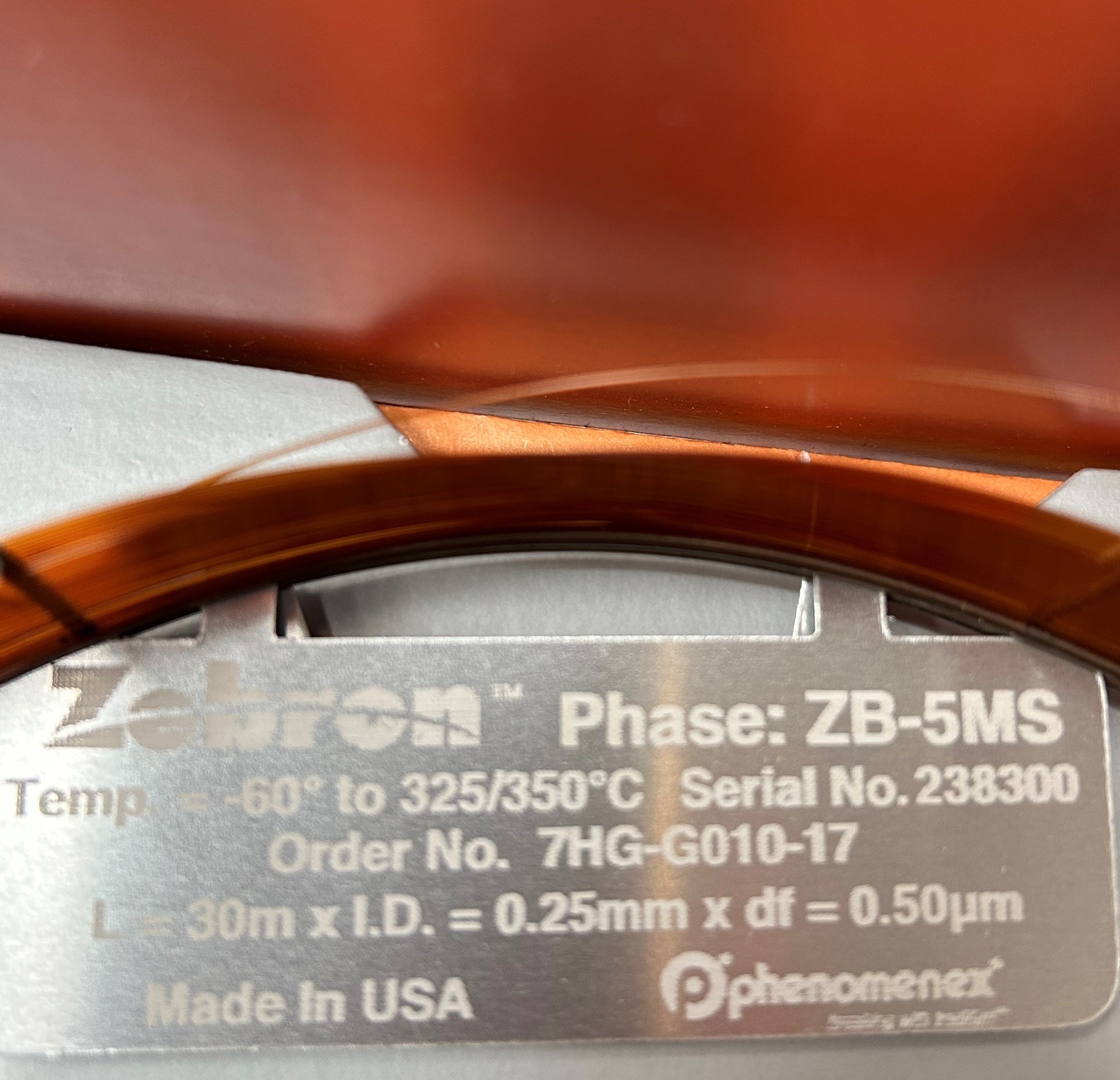 Zebron ZB-5MS Gas Chromatography Column Temp Range -60C to 350C