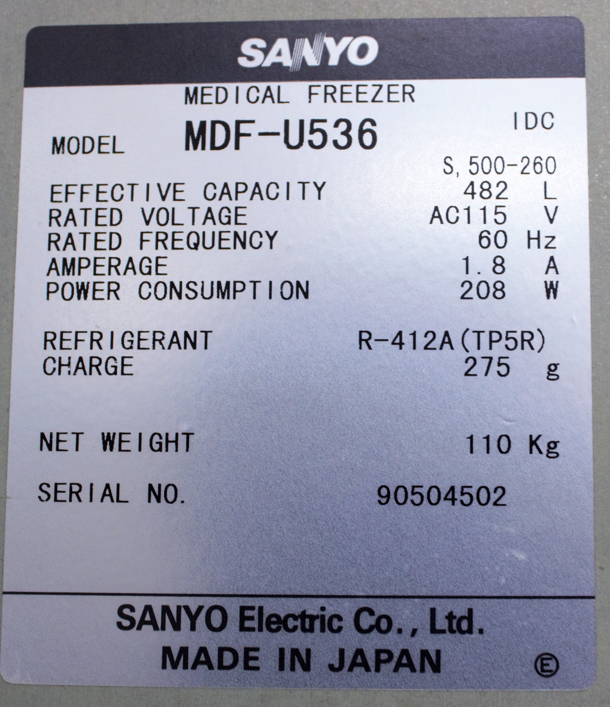 Sanyo MDF-U536 Biomedical Upright Freezer Parts or Repair 482L -20C to -30C