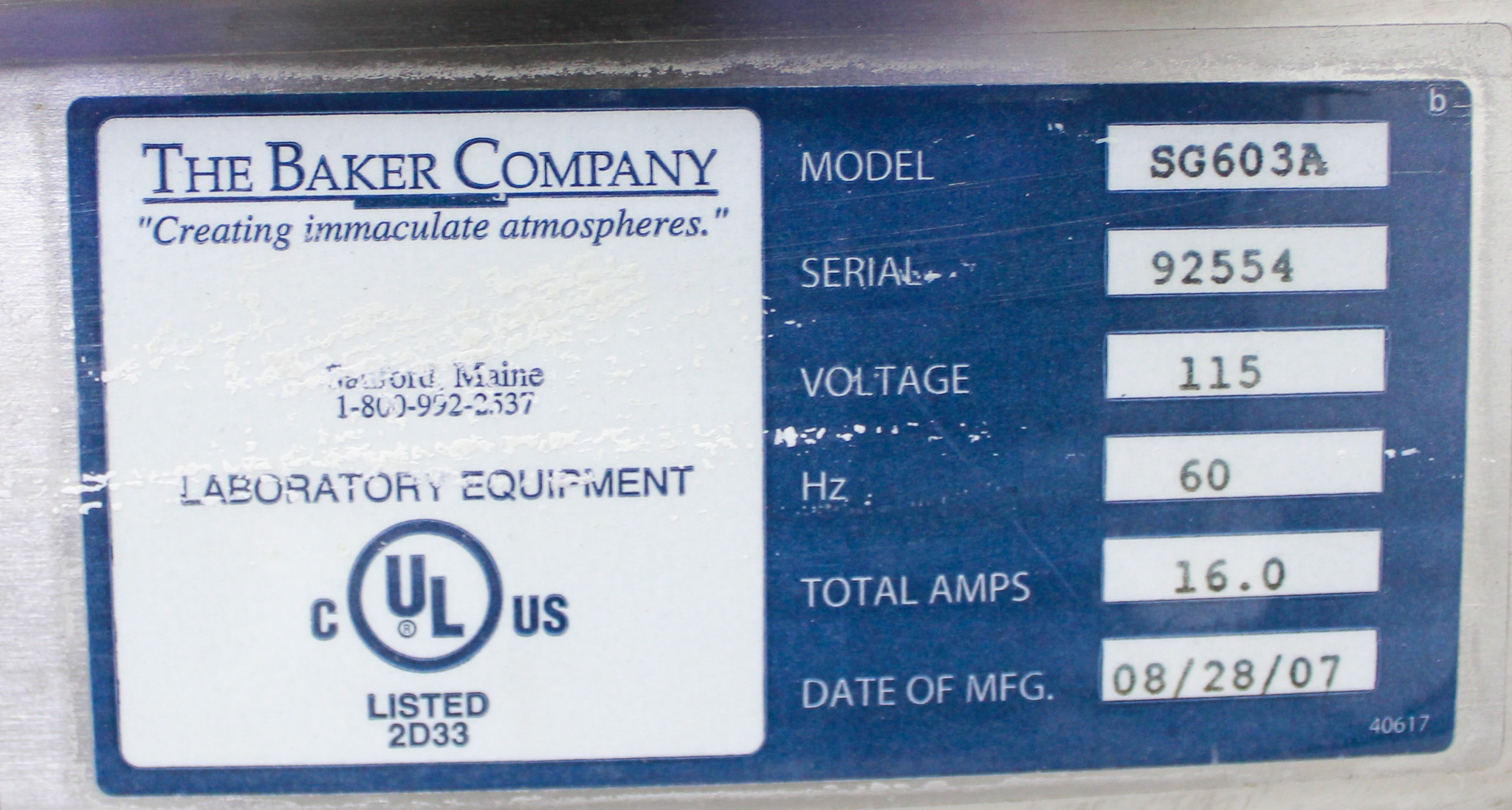 Baker SG603 Class II A2 Biosafety Cabinet, Vertical Laminar Flow, HEPA Filter