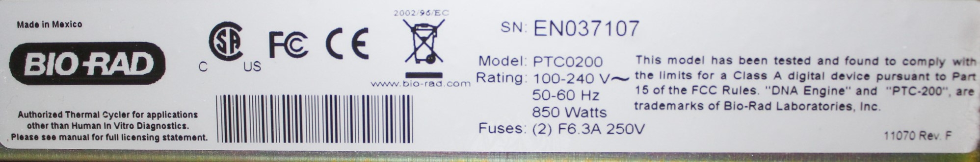 Bio Rad ALS1296G Thermal Cycler PCR DNA Engine 96 Well High-Speed Temp Control