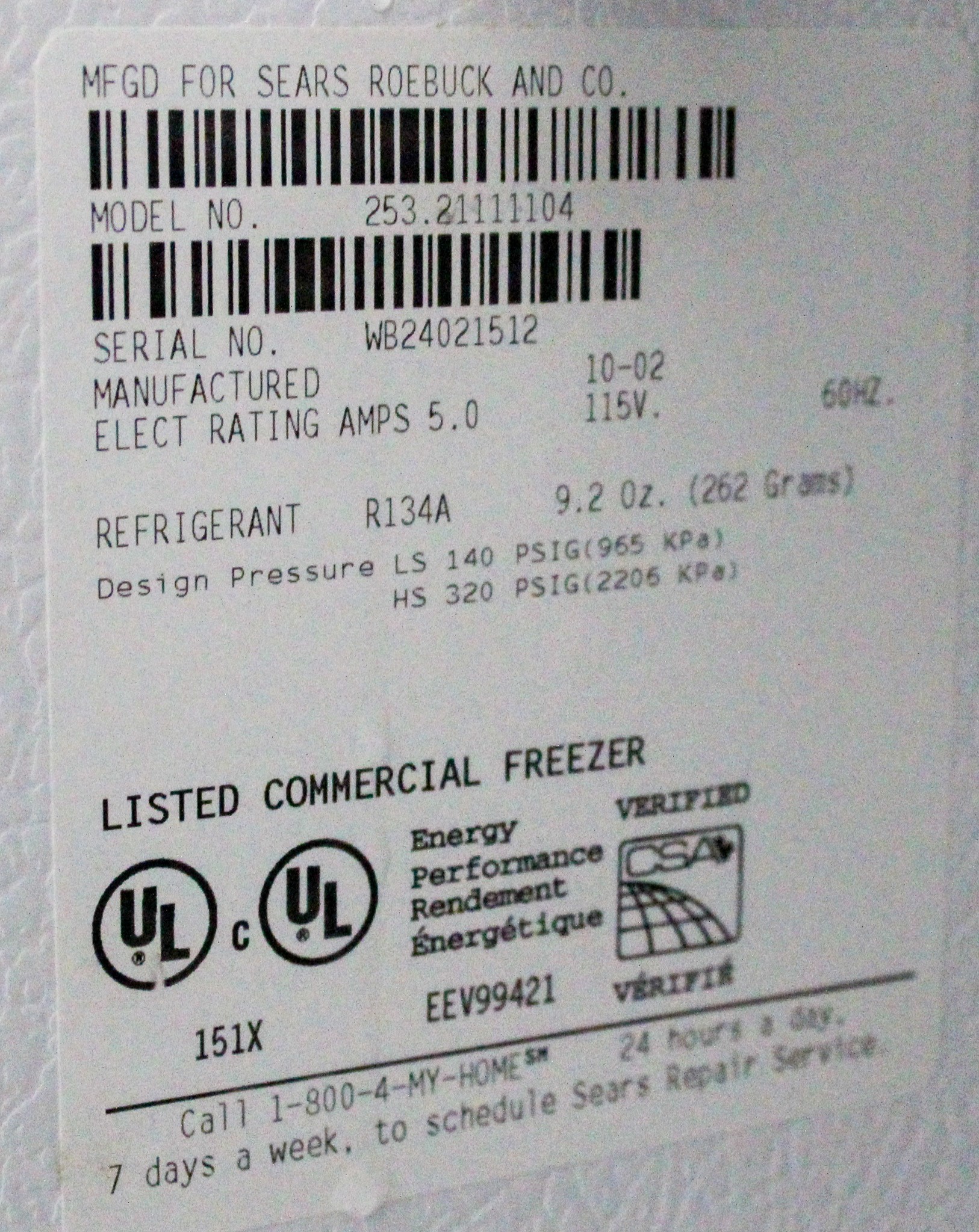 Kenmore 253.21111104 Commercial Freezer - 4 Wire Shelves -26C