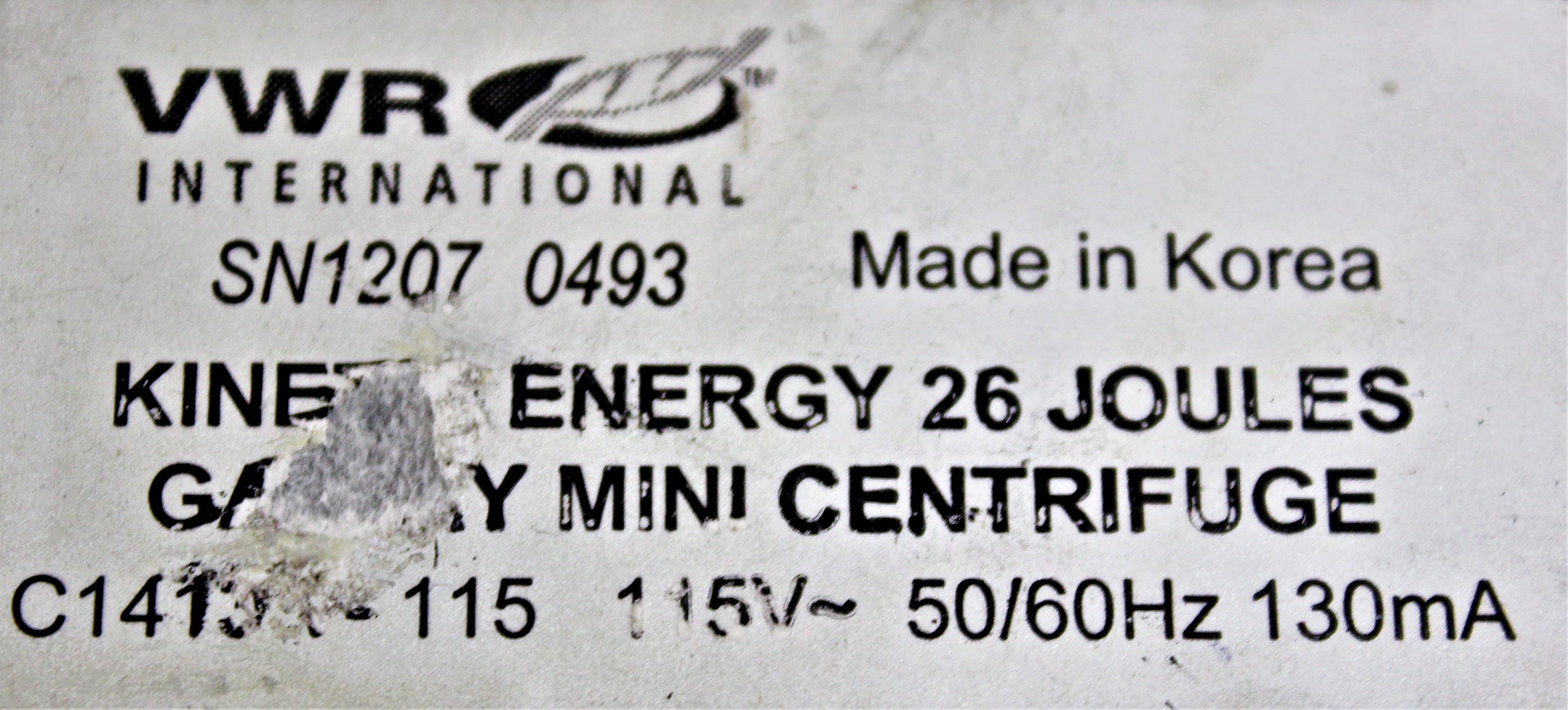VWR Galaxy Mini Centrifuge KINETIC Energy 26 Joules C1413 - 6000 RPM, 120V