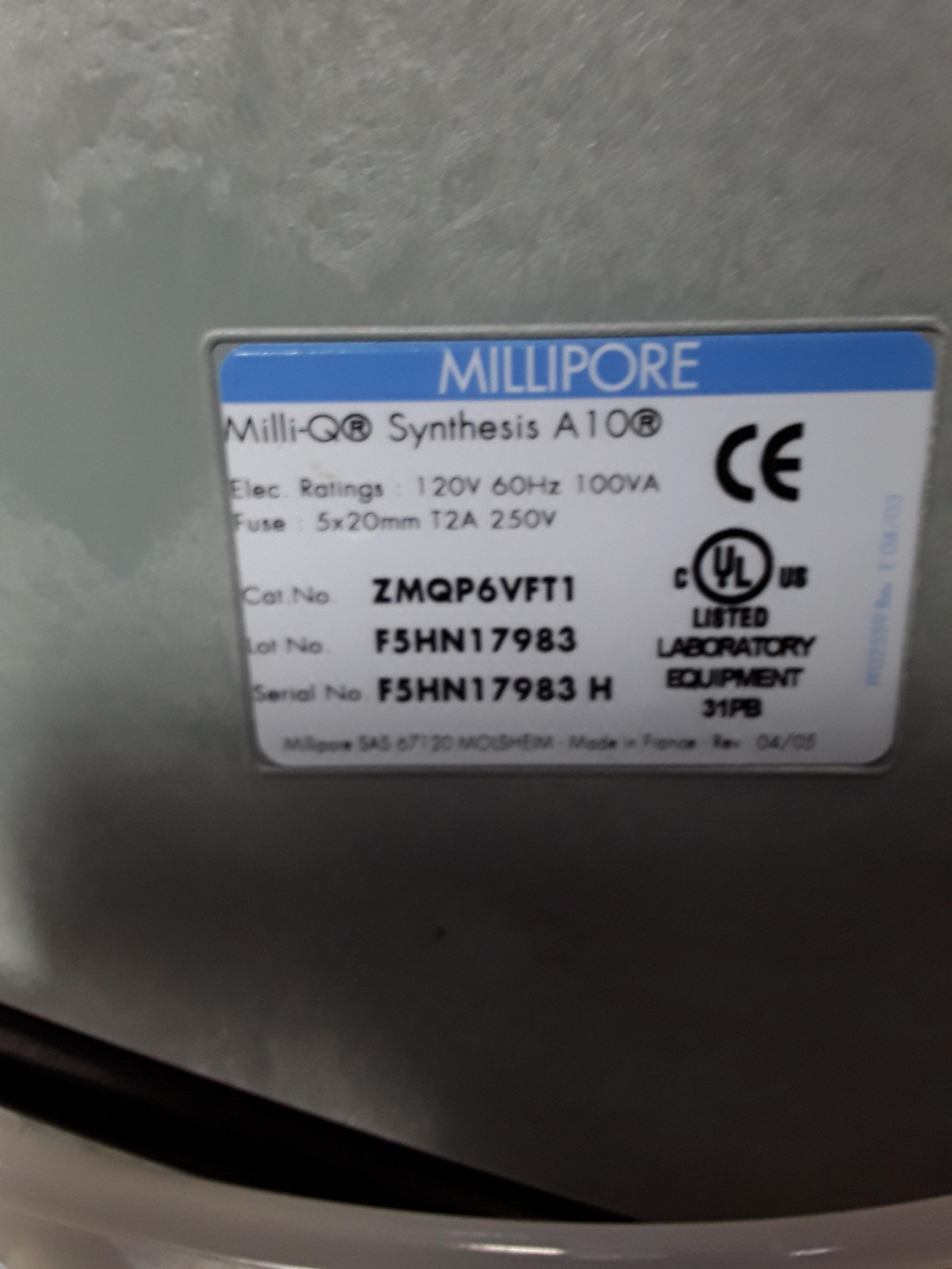 Millipore Synthesis A-10 Water Purification System 18.2 M.cm, 1.2 LPM, 120V