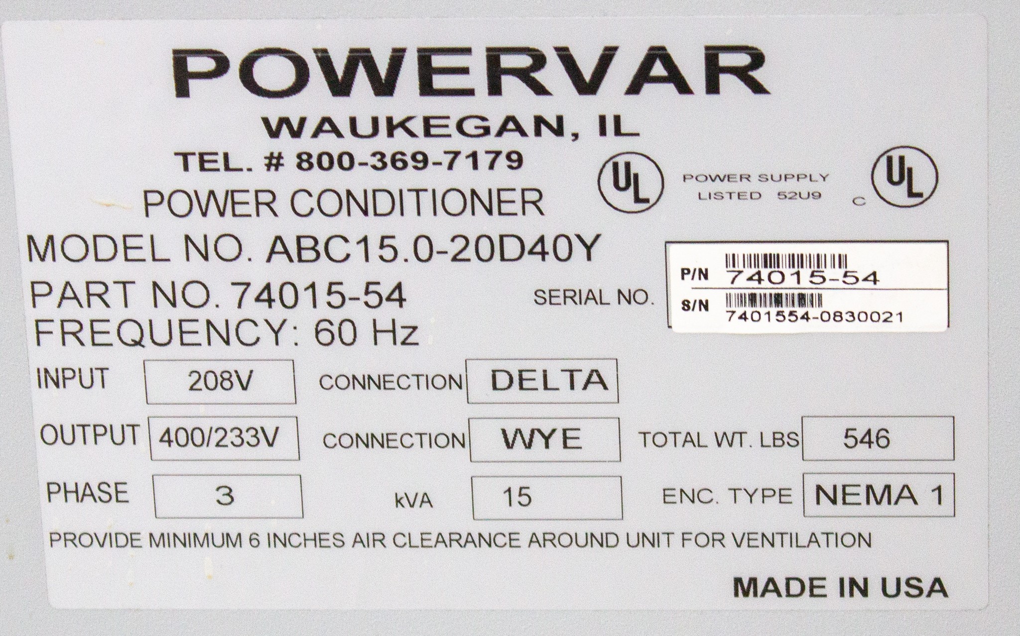 Powervar ABC15.0-20D40Y Power Conditioner 220V 15kVA 3-Phase Noise Rejection