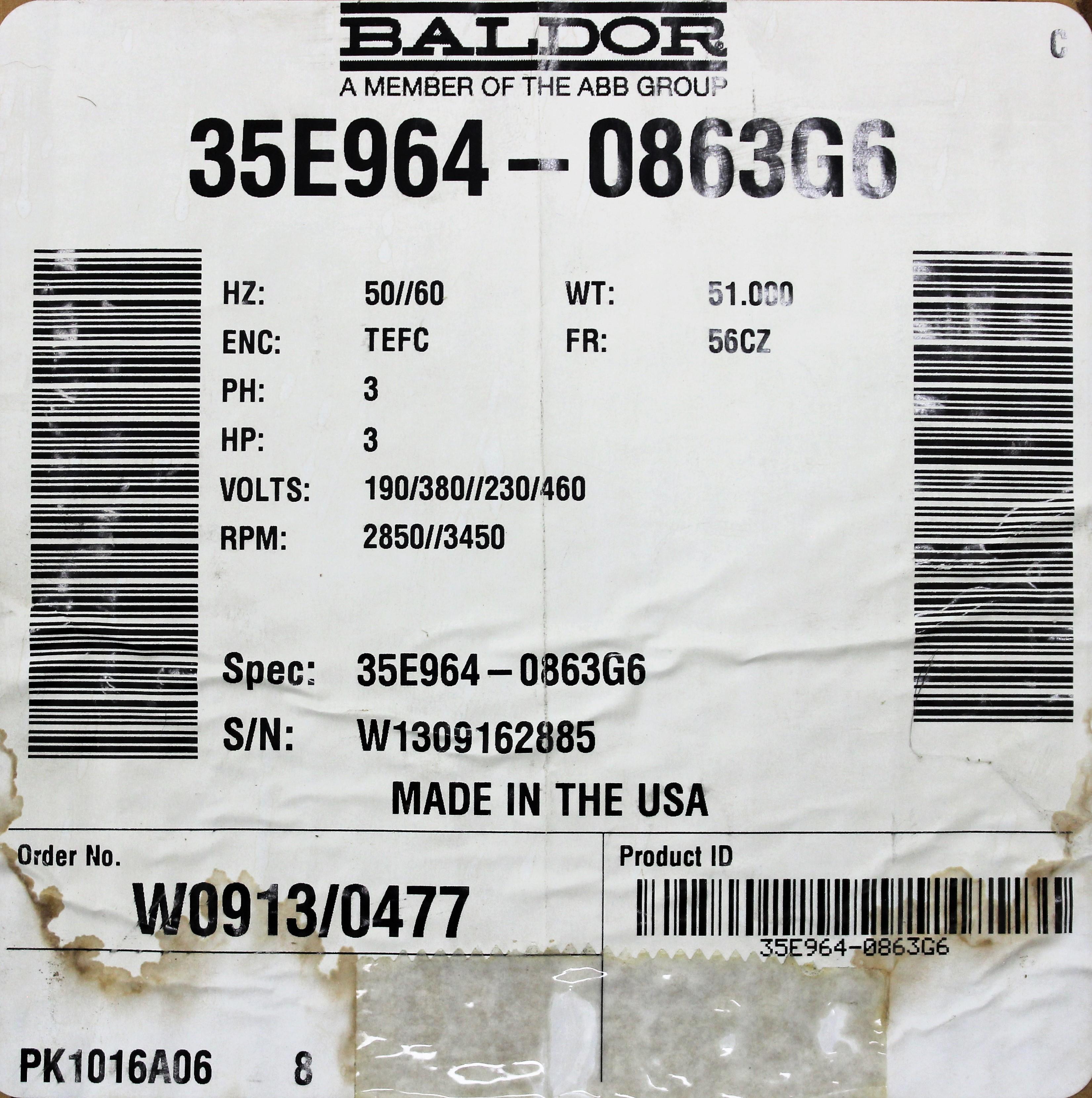 Baldor 35E964-0863G6 3HP Motor 2850 RPM For Control Systems, Frame 56CZ