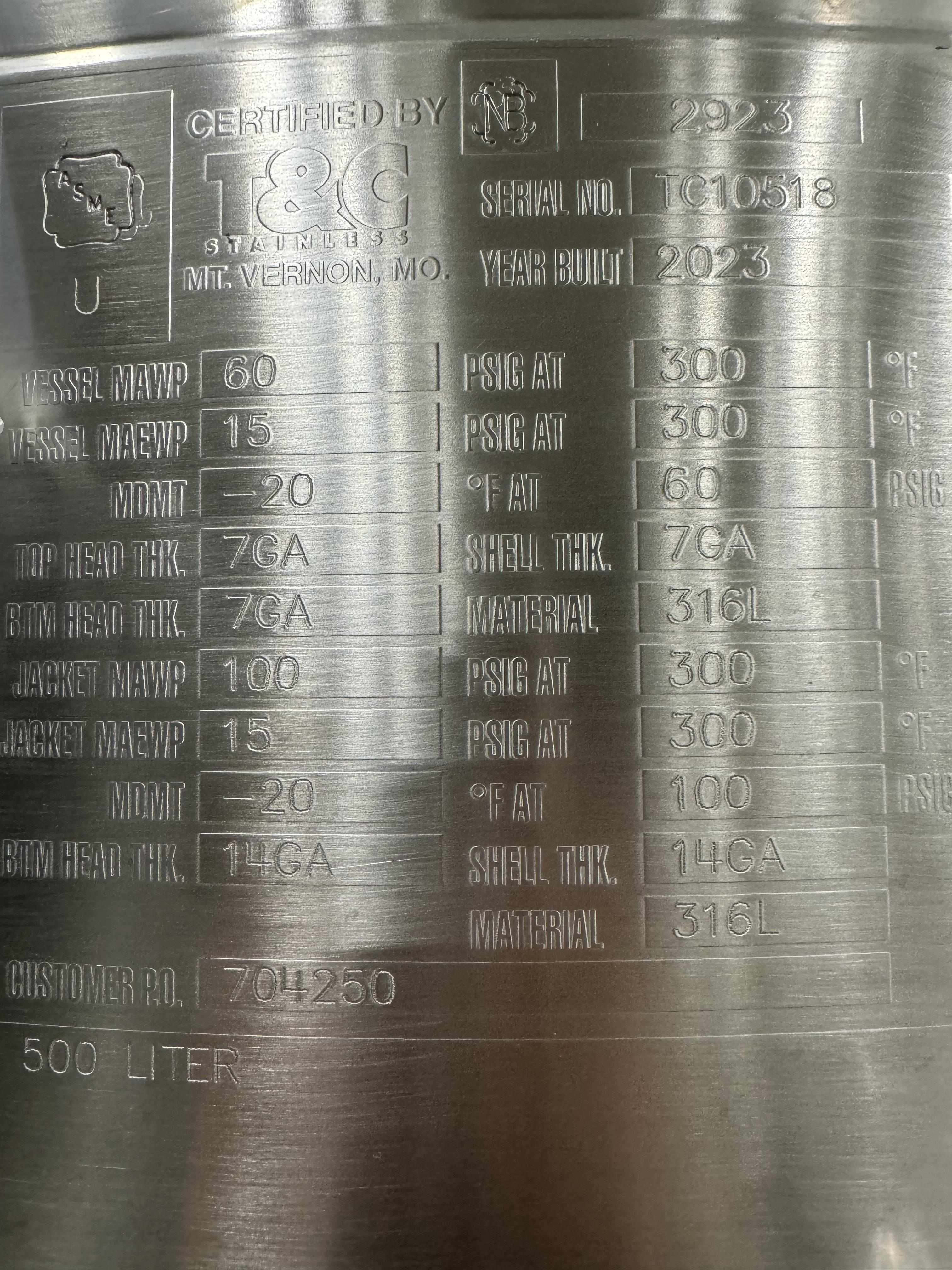 Holland Applied Technologies 500L Vessel Sanitary Stainless Steel Storage