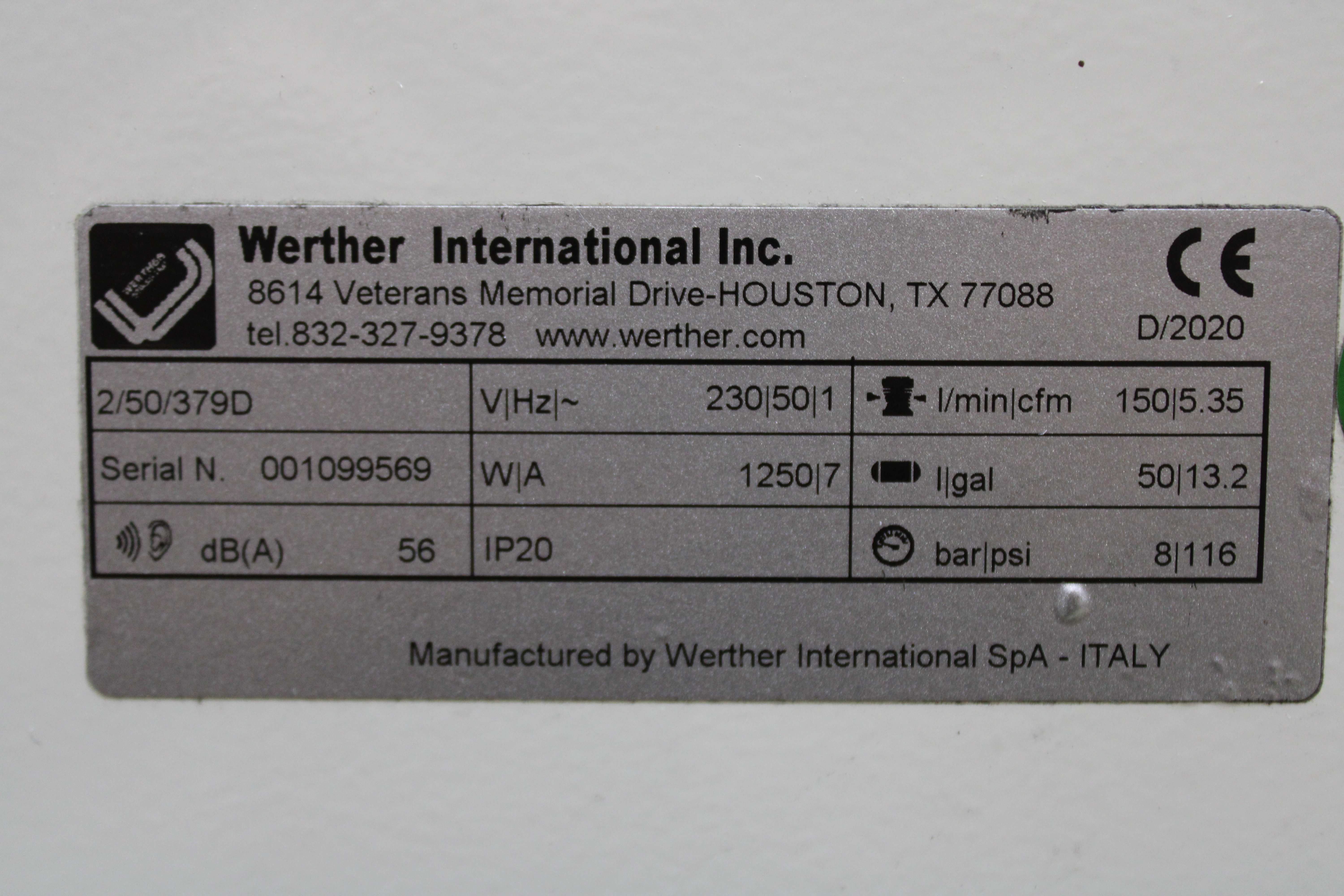 Werther International 2/50/379D Oil-Less Compressor Quiet 56 dB/A 230V