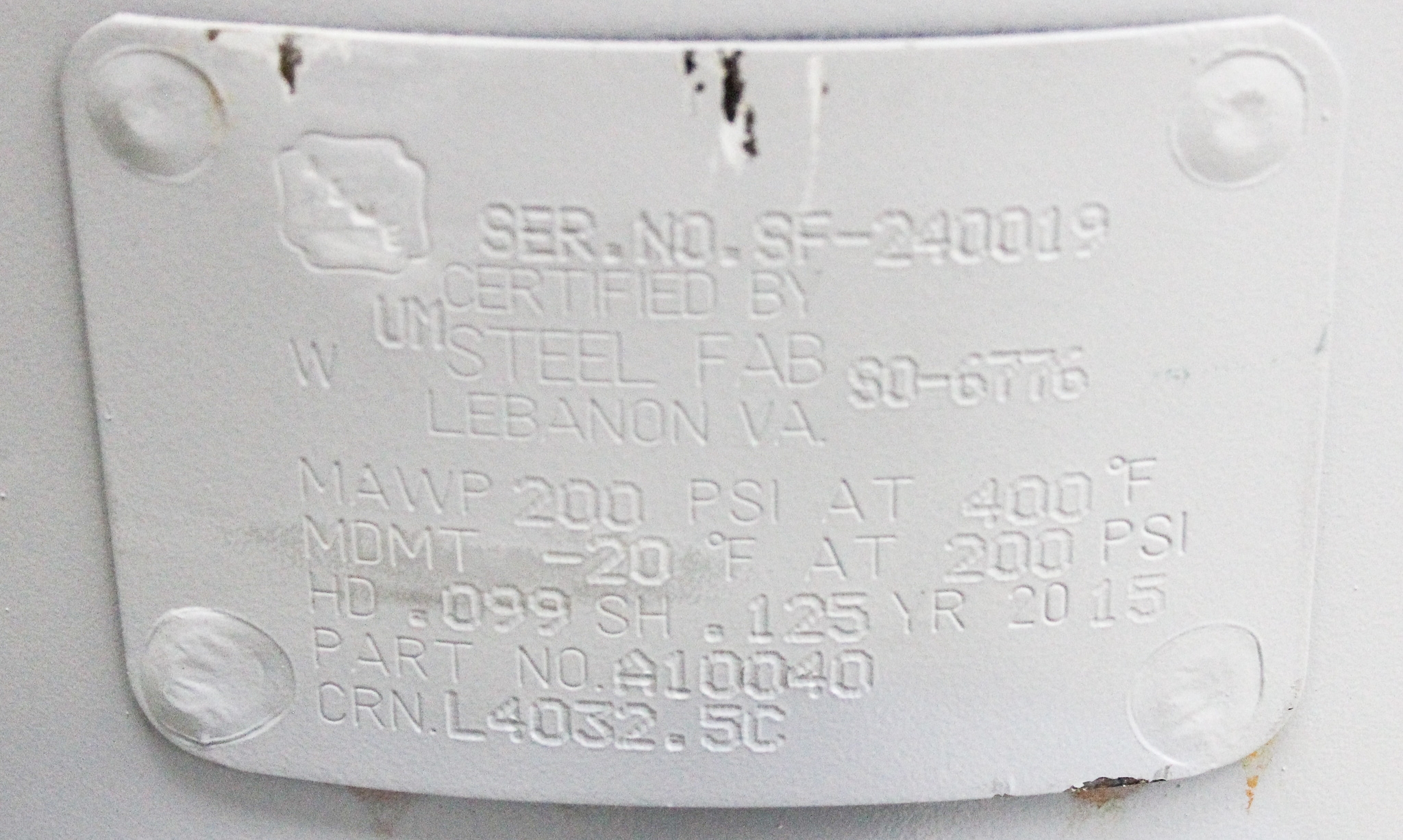 Steel Fab A10040 Vertical Air Receiver Tank 30 Gallon 200 PSI Used