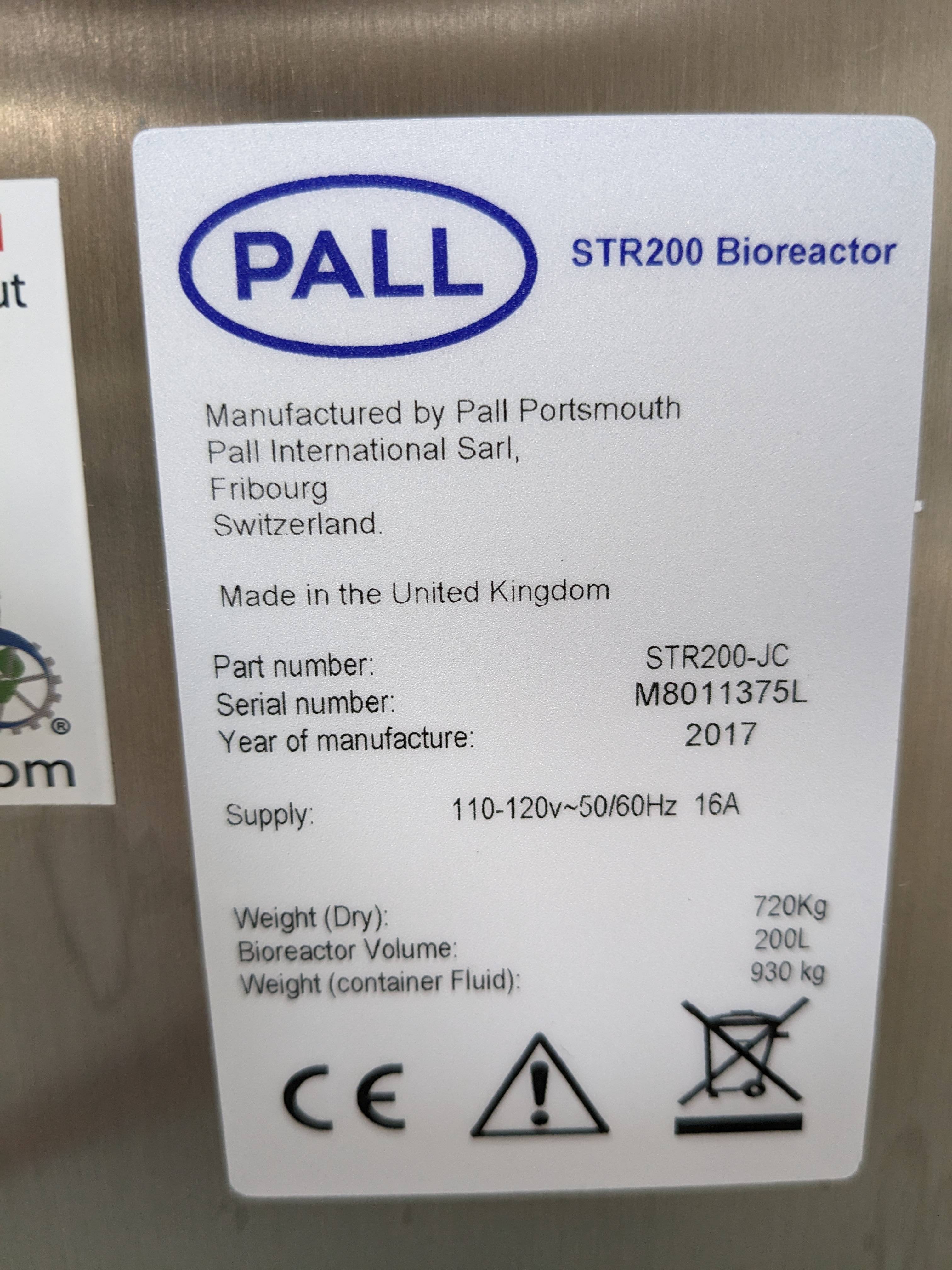 Pall STR200-JC Bioreactor Allegro STR Single-Use Stirred Tank System 2000L
