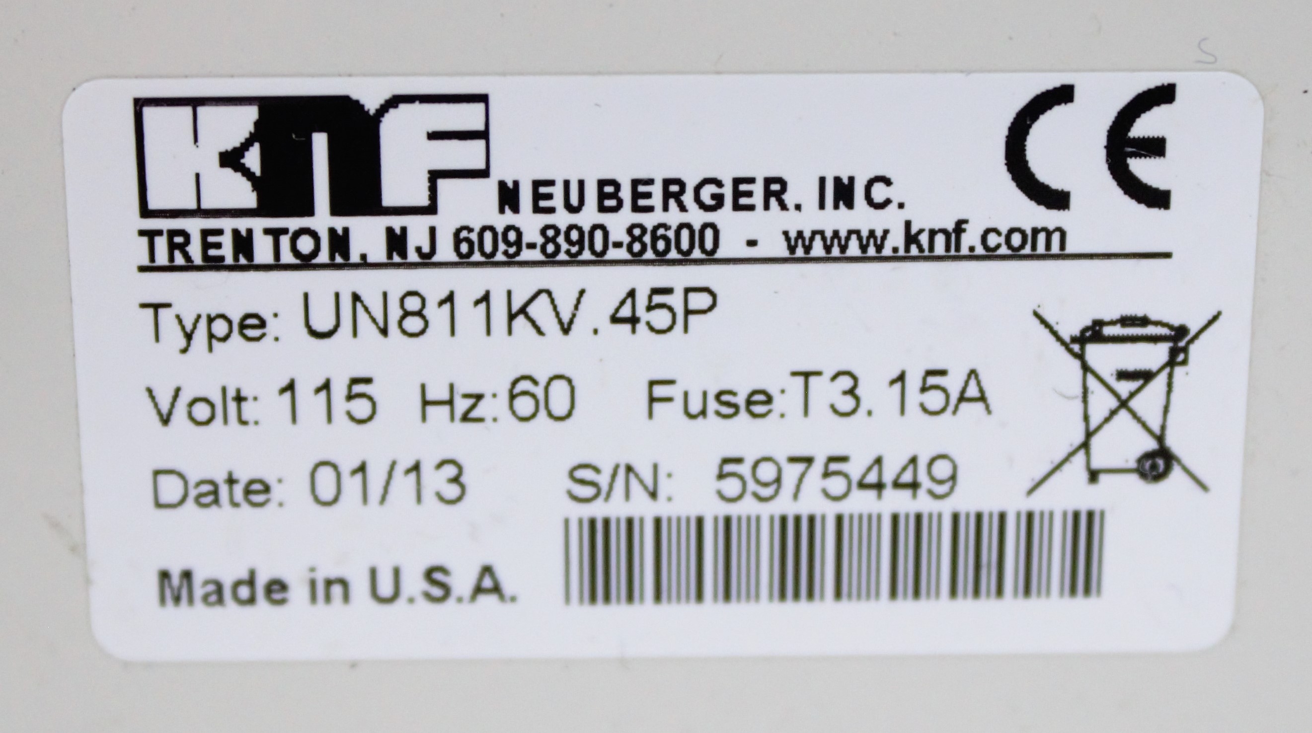 KNF UN811KV.45P Vacuum Pump Diaphragm Filtration 100mbar 13l/min Used