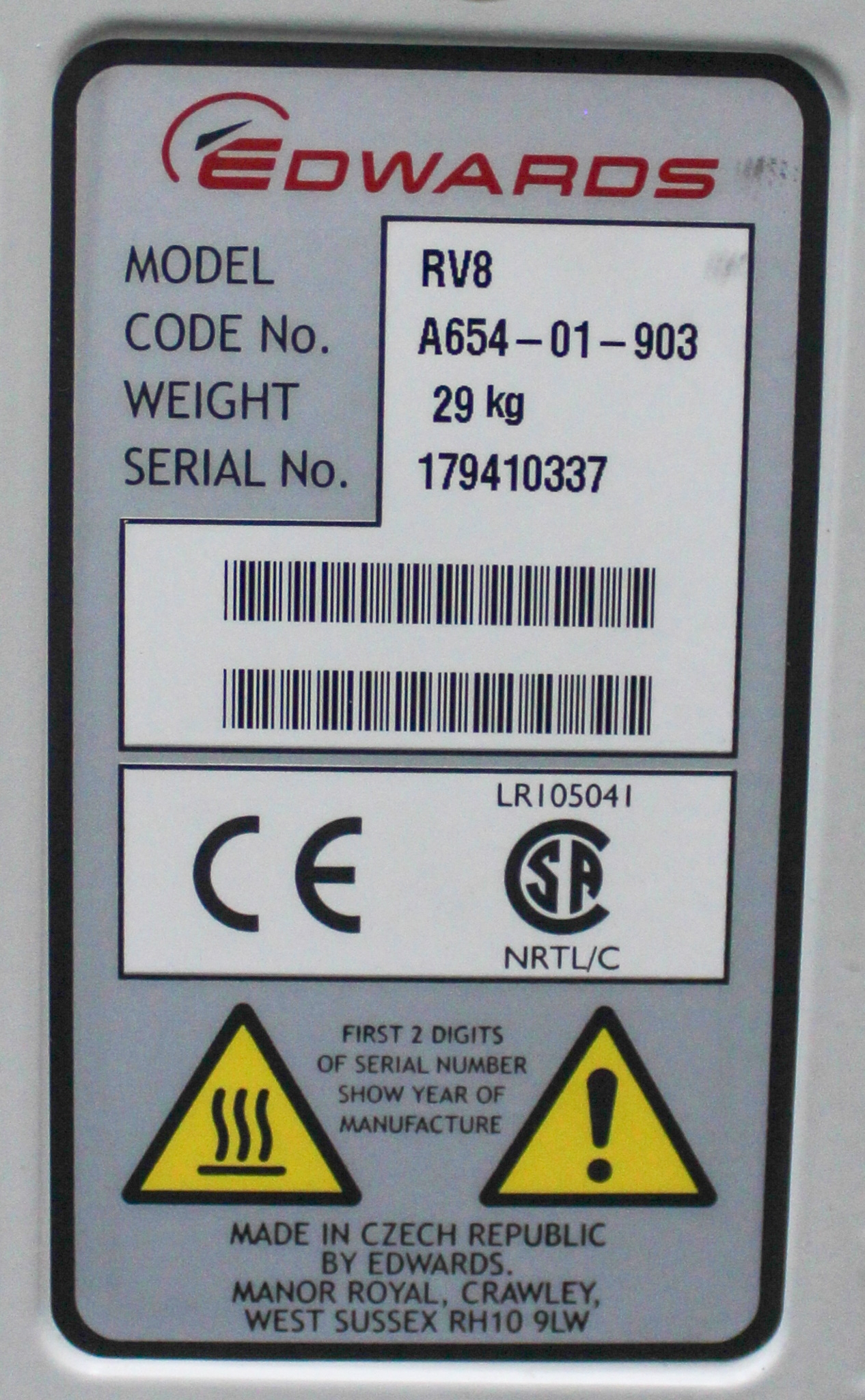 Edwards RV8 Vacuum Pump High Speed 11.7 m3/h 48dB Oil Sealed 230V 50/60Hz