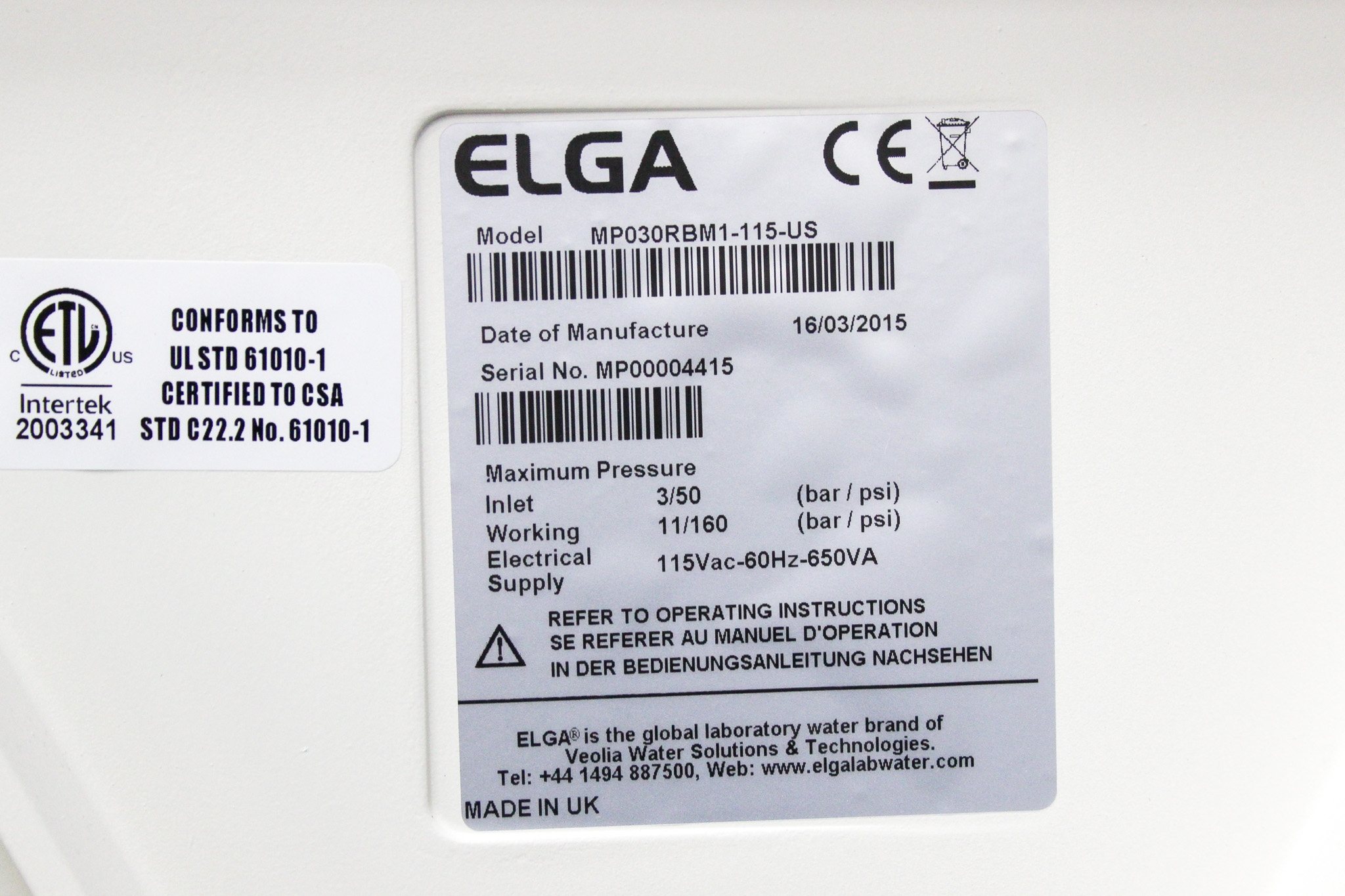 Elga MP030RBM1 Water Purification System 30L/hr Clinical Performance