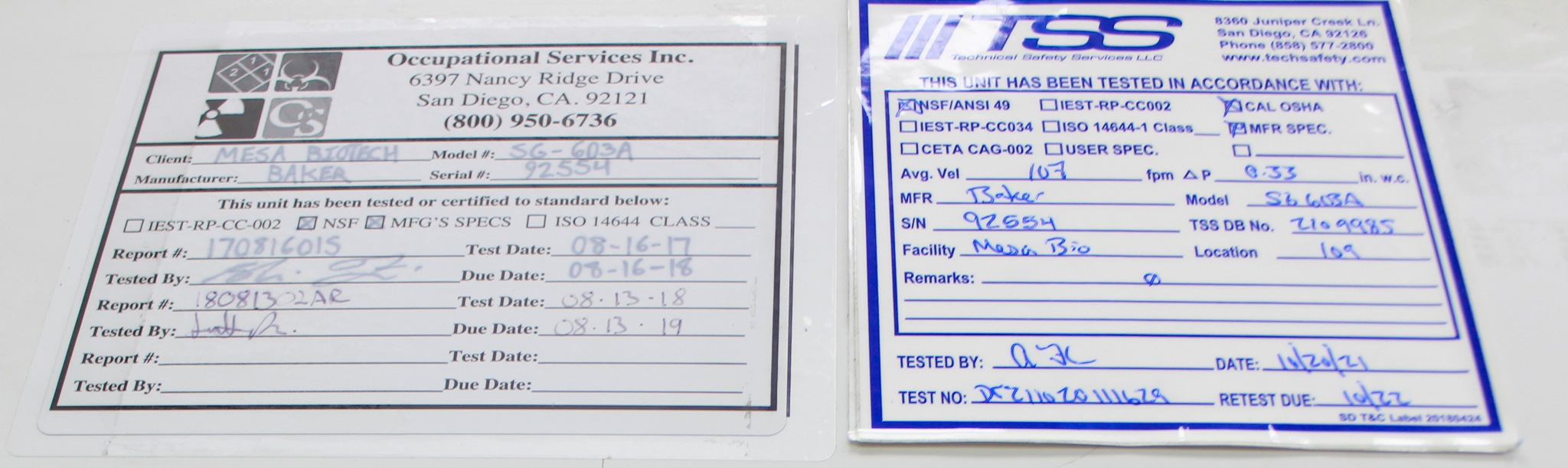 Baker SG603 Class II A2 Biosafety Cabinet, Vertical Laminar Flow, HEPA Filter