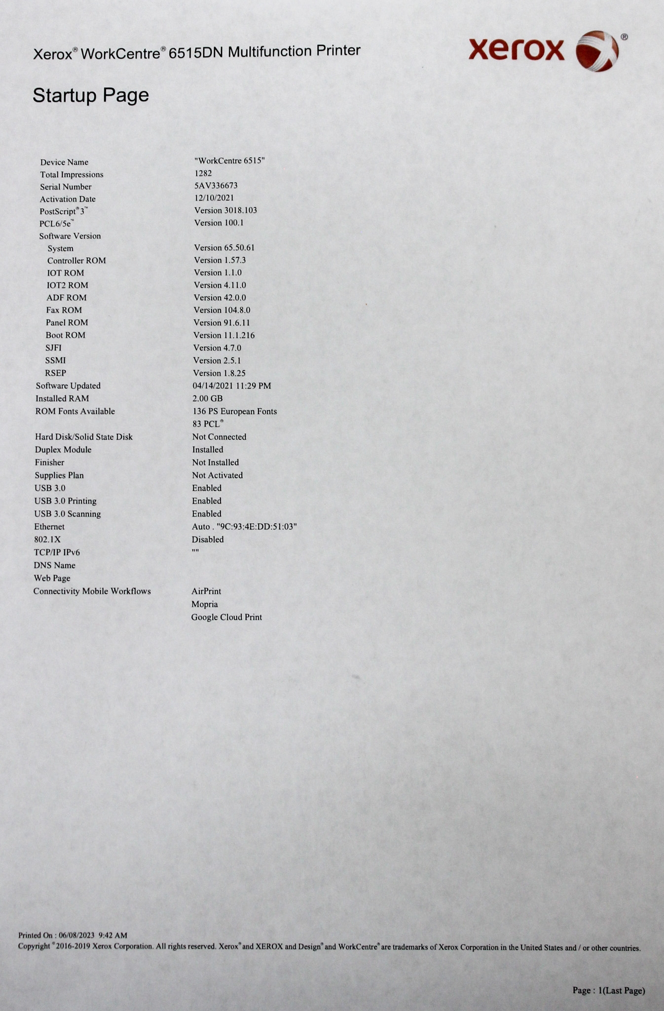 Xerox WorkCentre 6515 Color Printer All-in-One 30ppm Ethernet Wi-Fi 1200dpi
