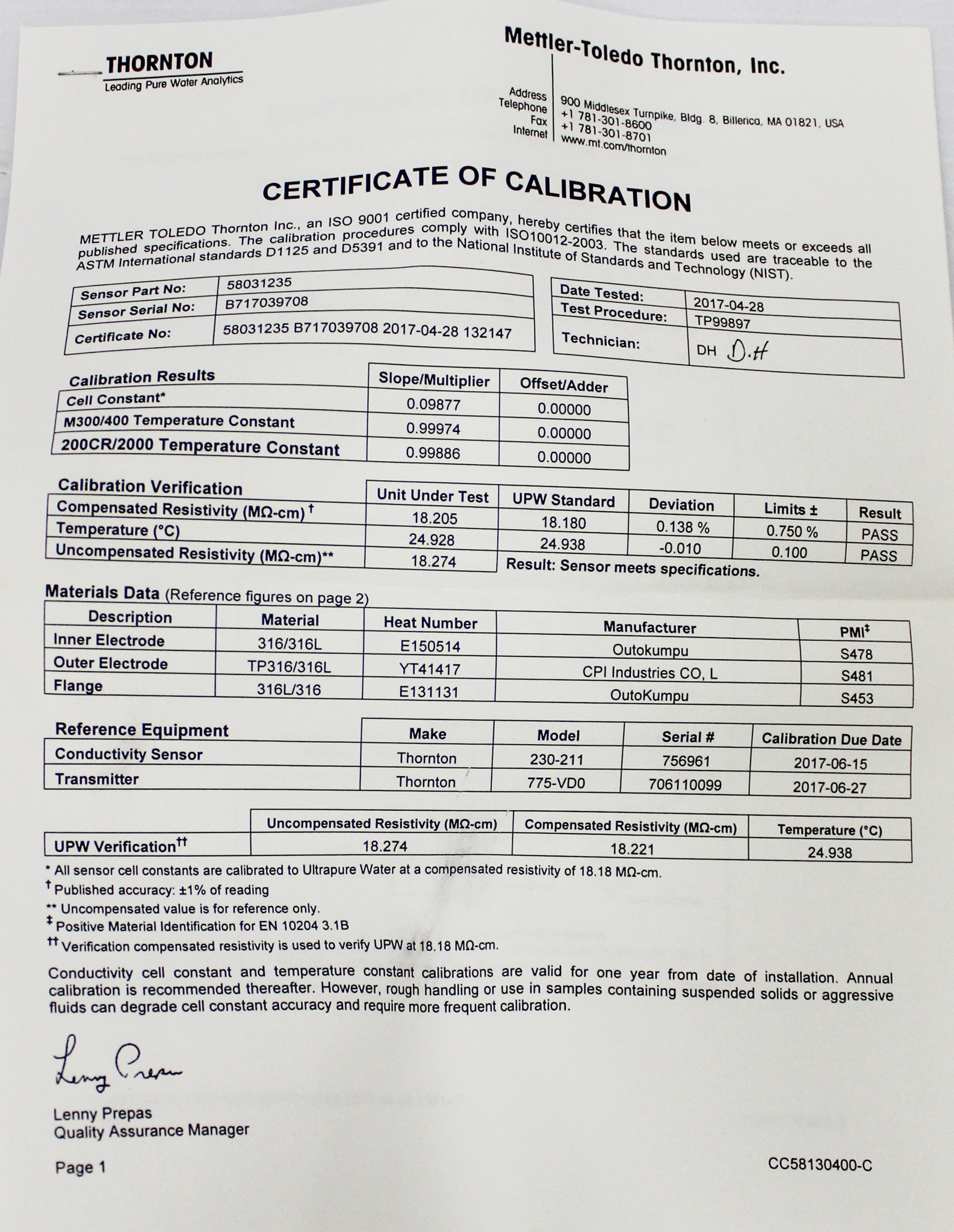 Mettler Toledo 58031223 Water Analyzer Sensor 0.02-50,000 S/cm w/ Tri-Clamp