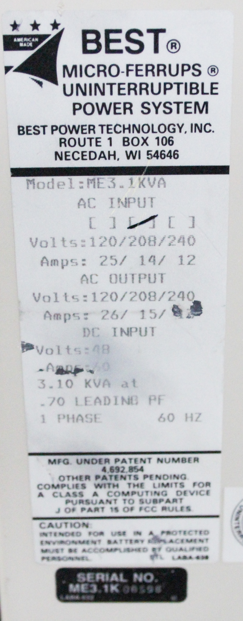 Best ME3.1KVA Uninterruptible Power System 120/208/240V VG Used