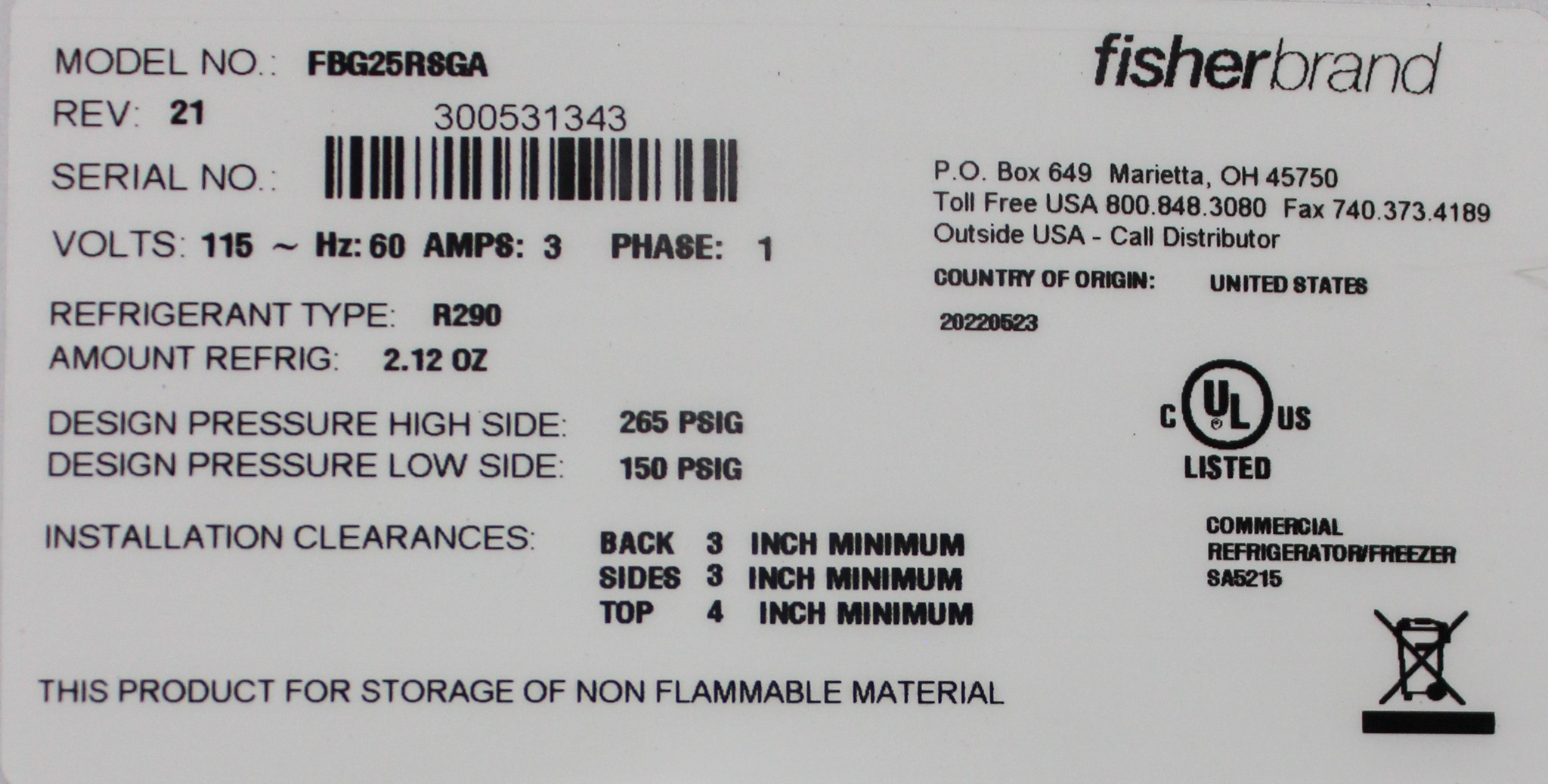 Fisher FBG25RSGA Laboratory Refrigerator 23 cu ft 2C-10C Used