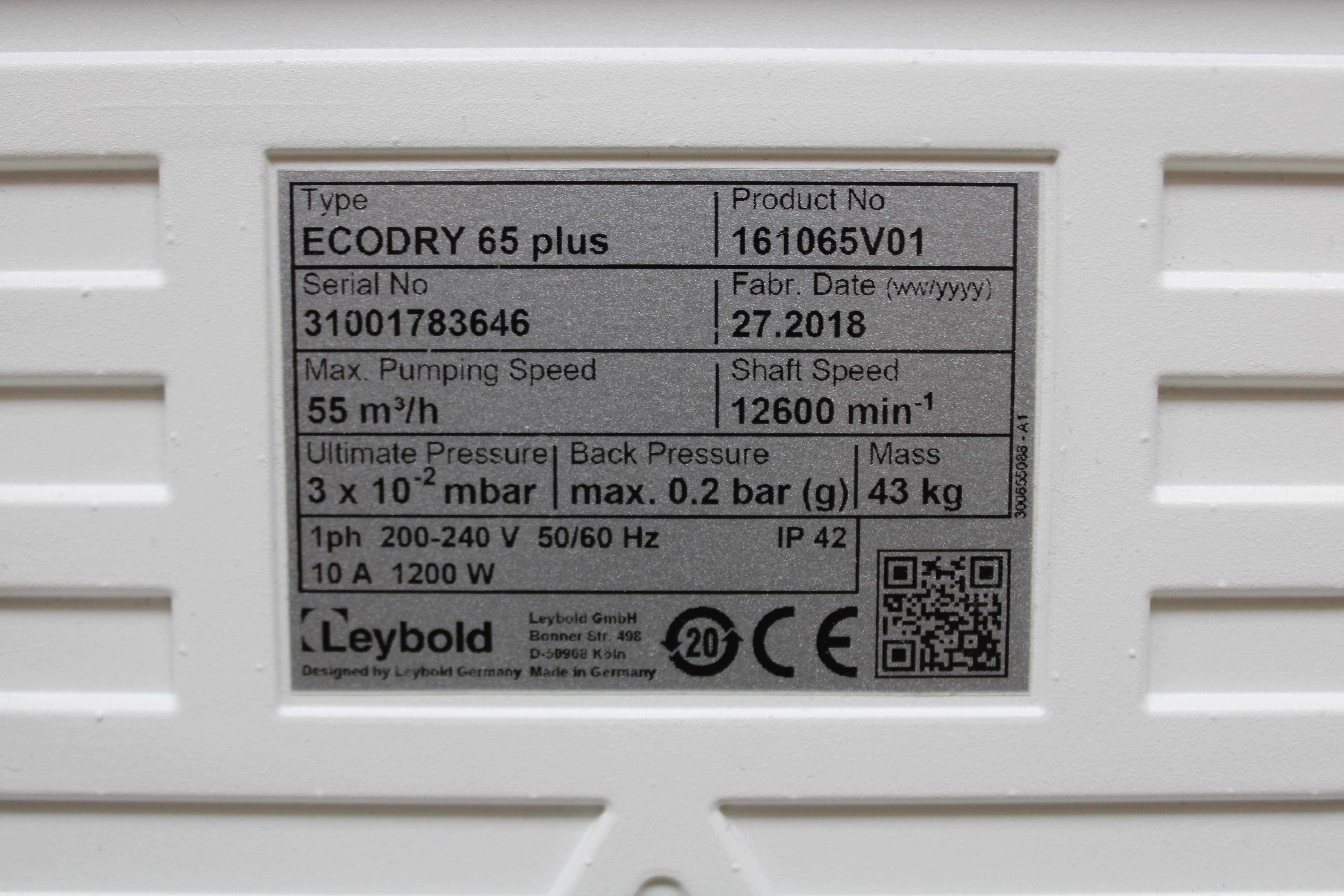 Leybold Ecodry 65 Plus Vacuum Pump 161065V22 Quiet Oil-Free Efficient