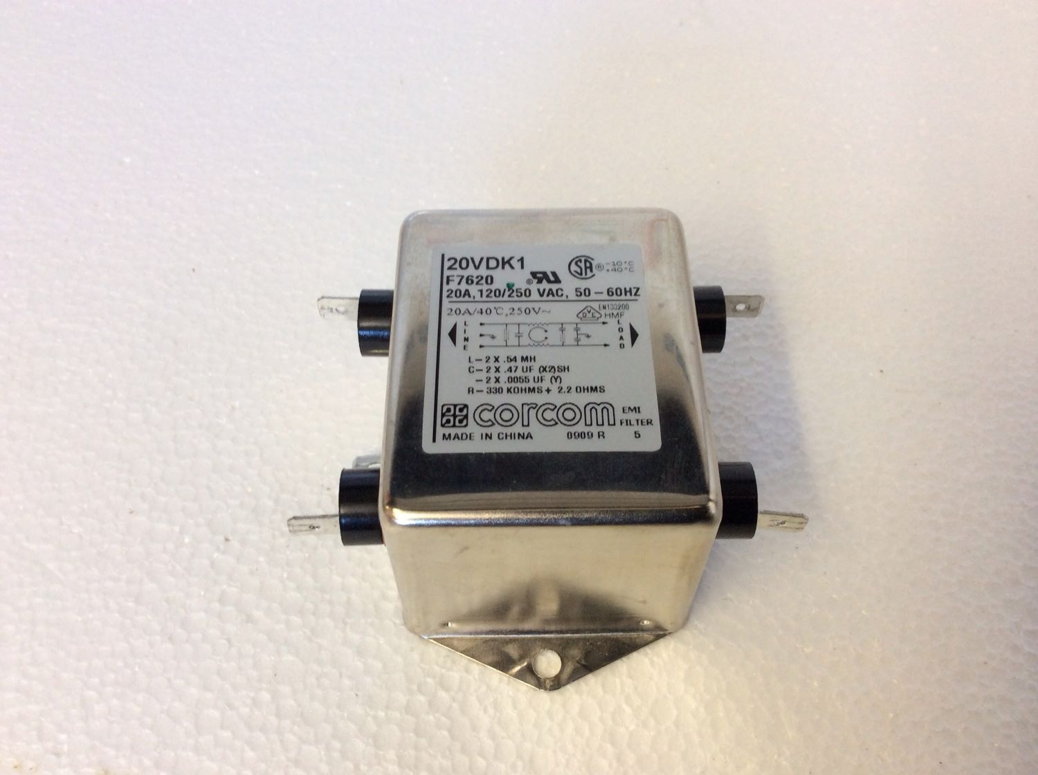 Corcom EMI Filter 20VDK1, 20A, 120/250VAC, Electrical Component AS-IS