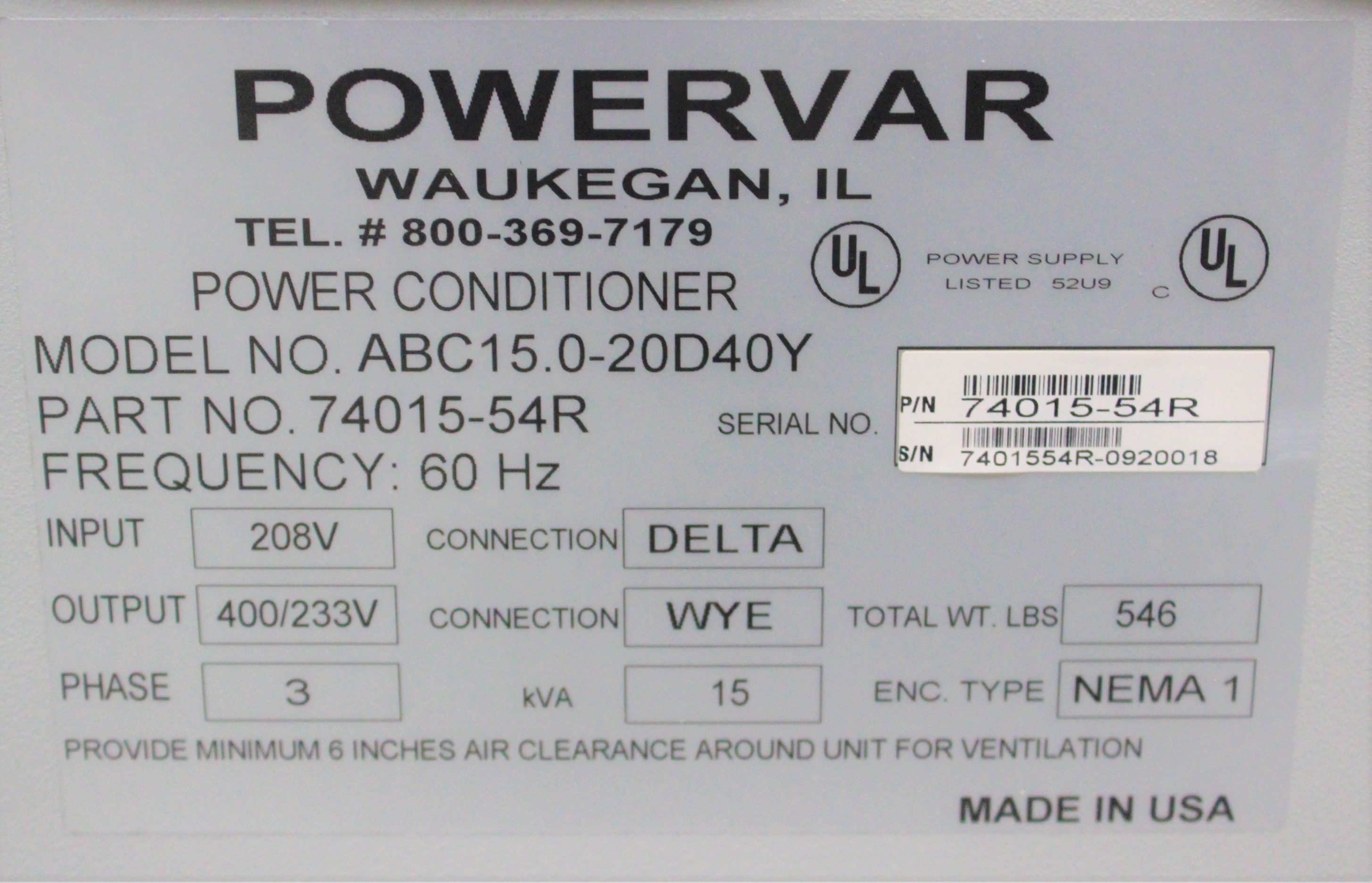 Powervar ABC15.0-20D40Y Power Conditioner Global Voltage Surge Protection