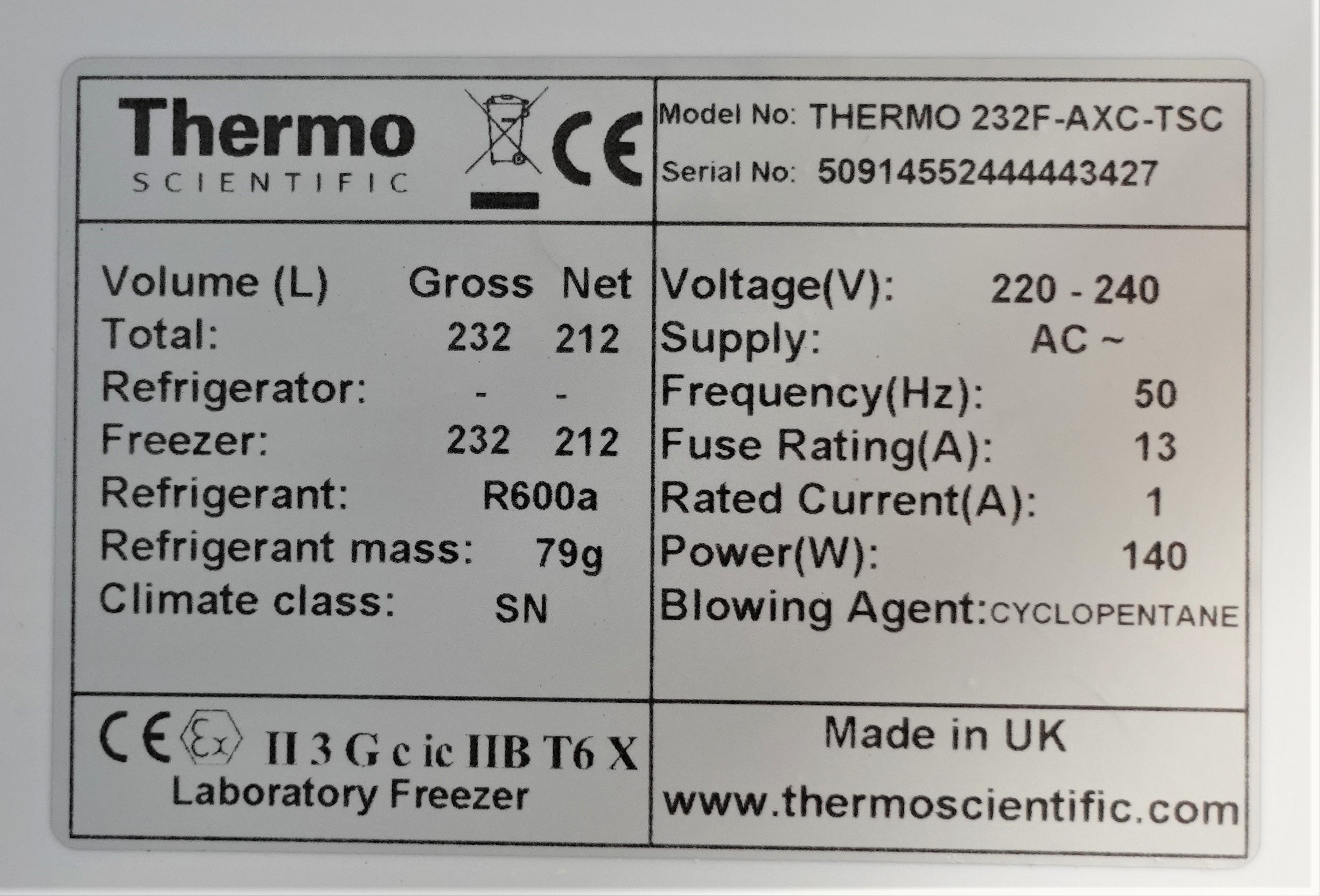 Thermo 232F-AXC-TSC Freezer Flammable Storage Temp Alarms 61.8in Used