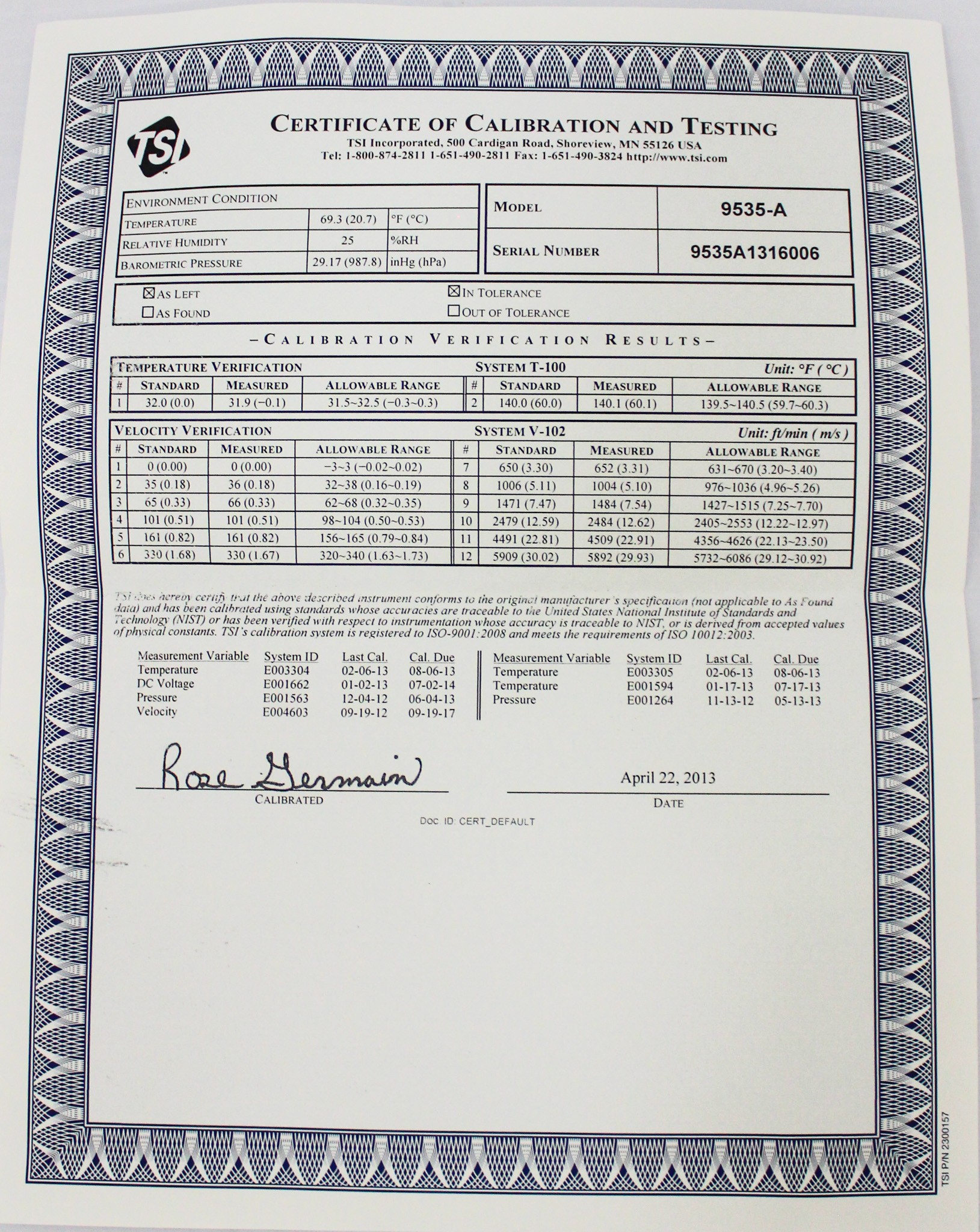 TSI 9535-A Air Flow Meter HVAC Max 6000 ft/min 0 to 200 F Logging