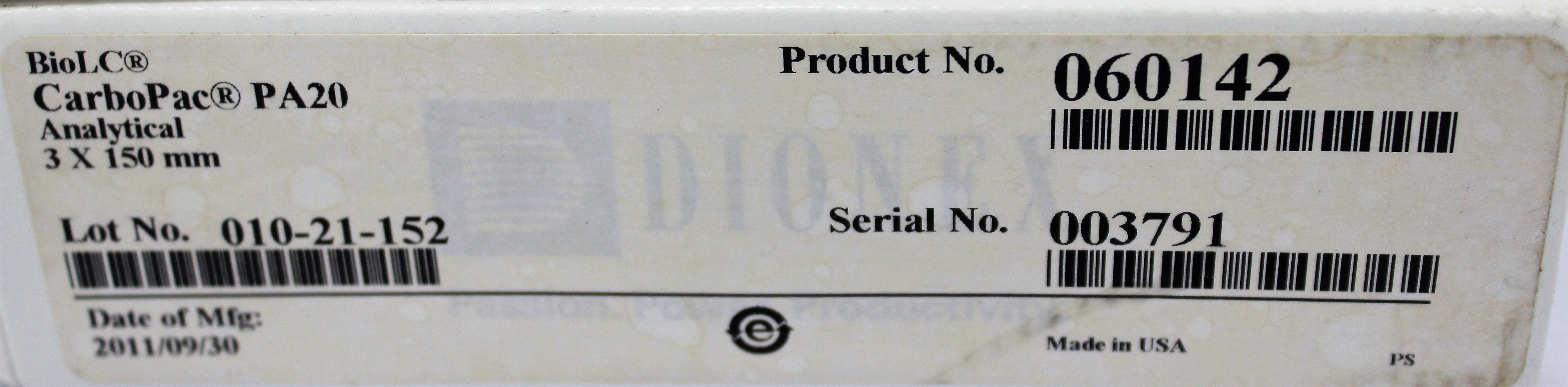 Dionex Bio LC CarboPac PA20 Column 3x150mm Analytical High Resolution Separation