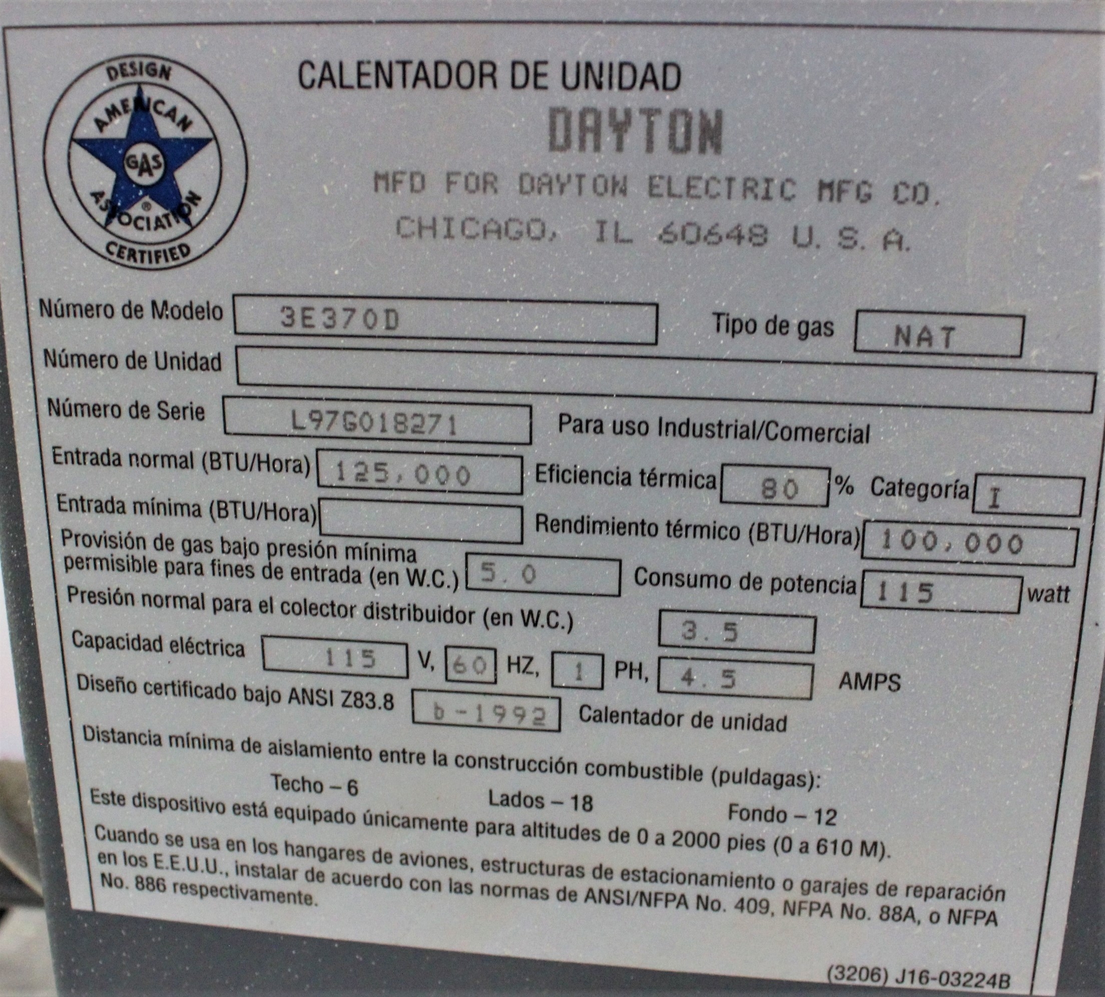 Dayton 3E370 Standard-Profile Heater with Propeller Fan, 3200 CFM, 120V 60Hz