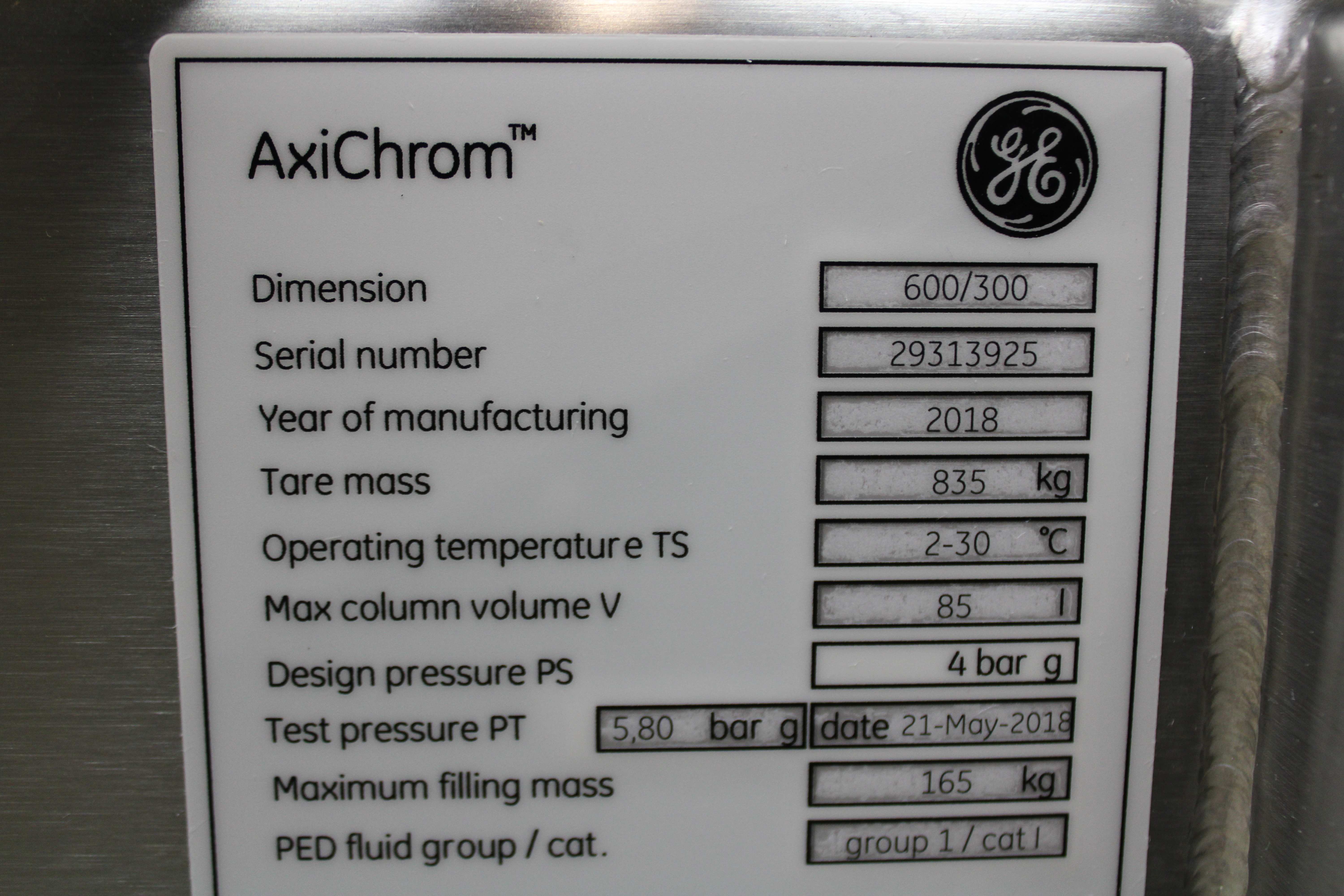 GE AxiChrom 600/300 Chromatography Column Separation Max 85L 86F Used