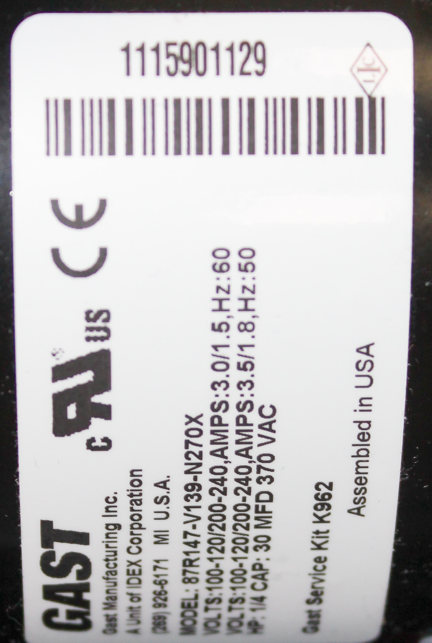 BioTek 7103034 VG Vacuum Pump 26 IN-HG 5-40C 120/220V 405 EL406 Use Ready