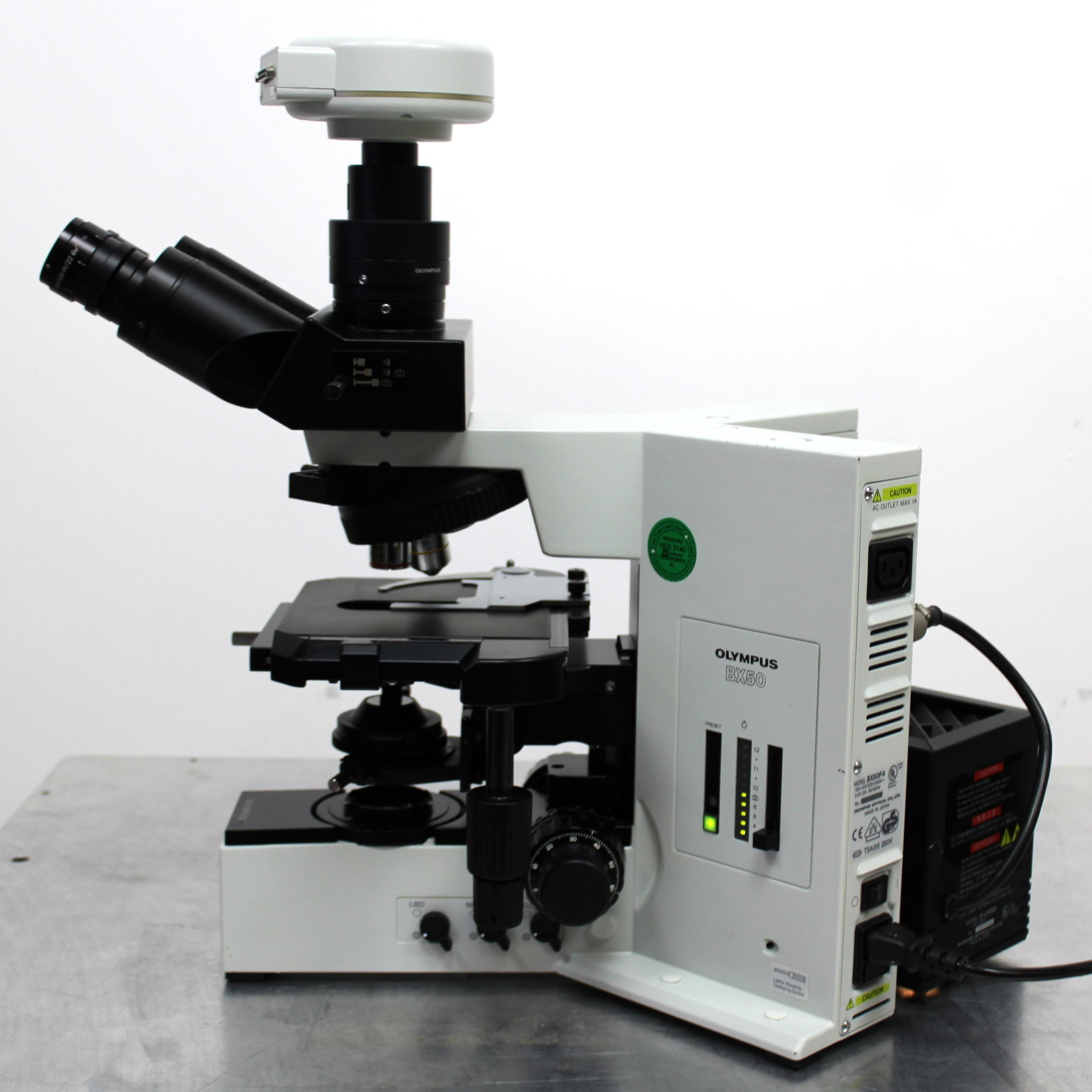 Olympus BX50F4 Microscope Imager 10x/0.25 4x/0.10 Lenses Halogen DP-12 Camera